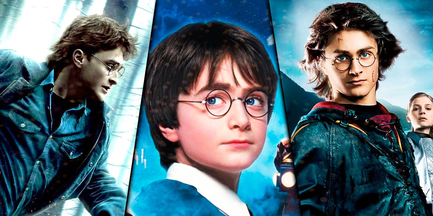 Harry Potter split in images from three different movies in the series.