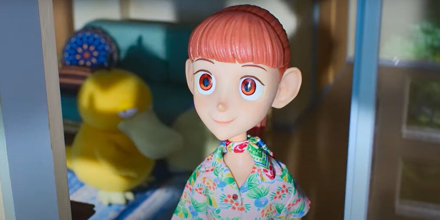 Haru with a sleepy Psyduck in the background in Netflix's Pokemon Concierge