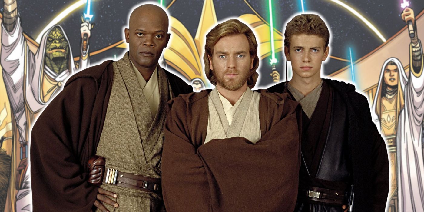 Mace Windu, Anakin Skywalker and Obi-Wan Kenobi from the Star Wars Prequels stand in front of High Republic Jedi