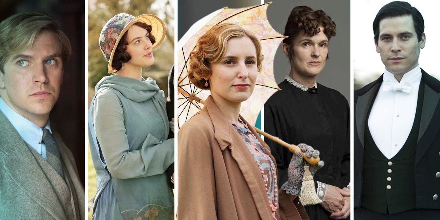 5 way split of Downton Abbey's Matthew Crawley, Lady Sybil, Lady Edith, O'Brien and Barrow