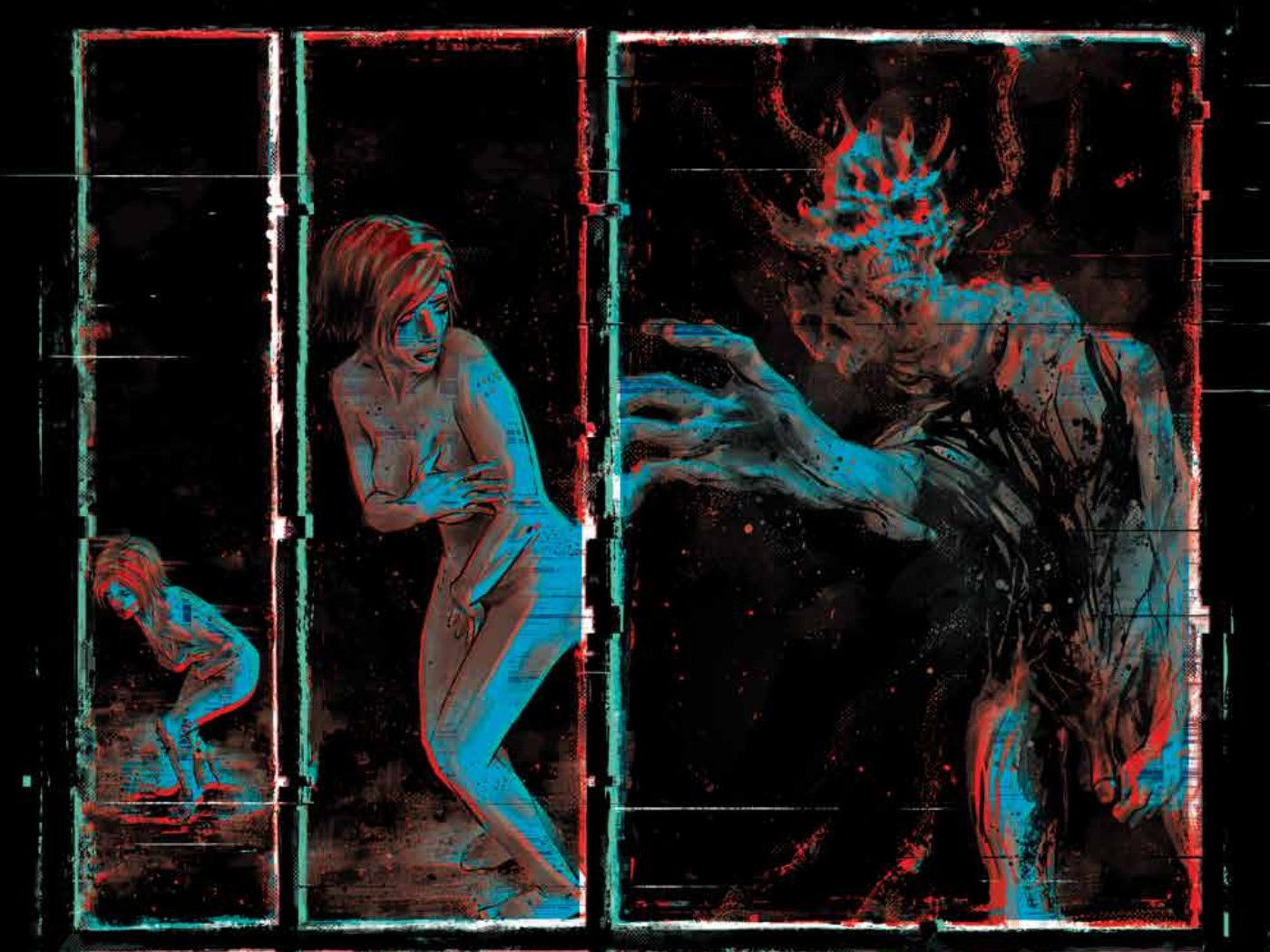 Image Comics' W0rldtr33 Vol 1. TP - three panels showing a horrific entity reaching for a woman