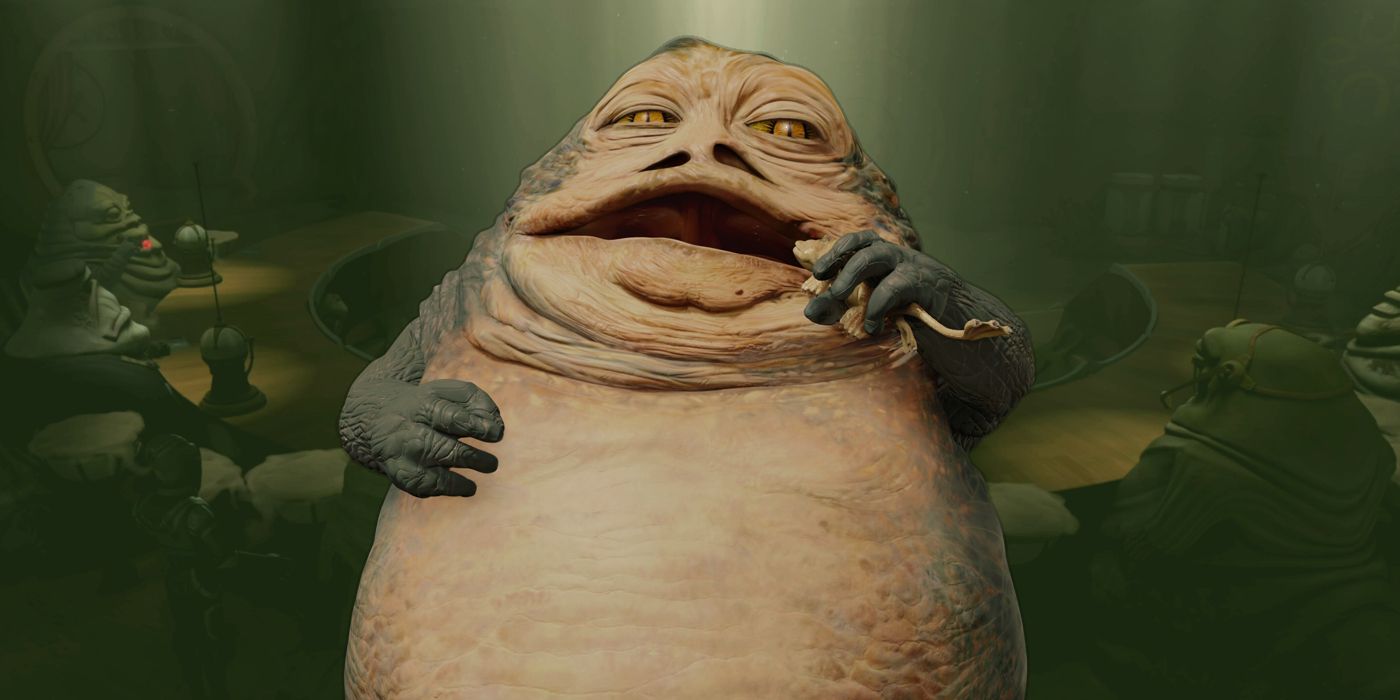 Jabba the Hutt from The Phantom Menace eats a snack with the Grand Hutt Council from Star Wars: The Clone Wars in the background