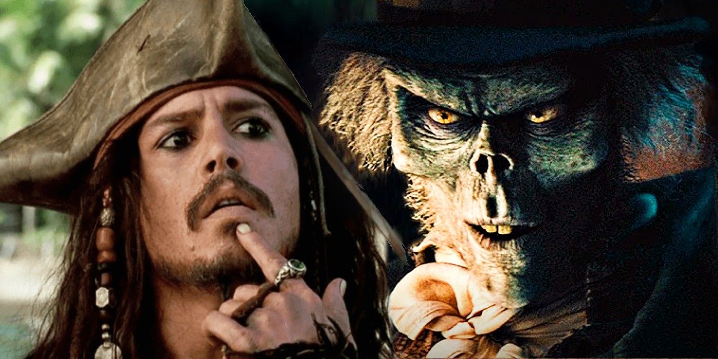 Pirates of the Caribbean's Captain Jack Sparrow (Johnny Depp) and Haunted Mansion's Hatbox Ghost.