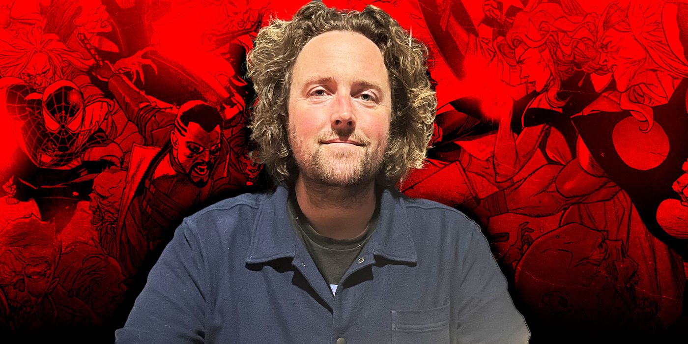 Marvel's Jed MacKay in front of a red background featuring Thor and other heroes