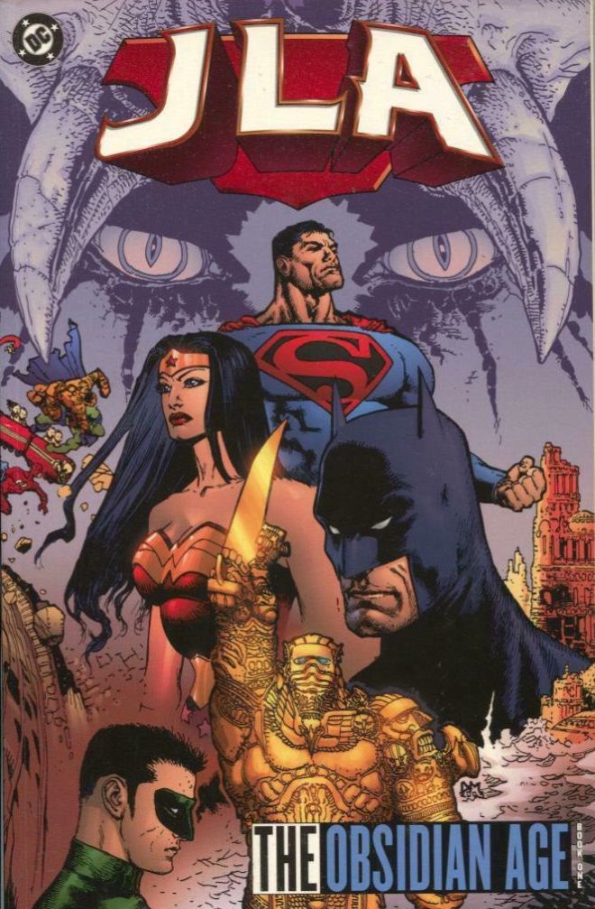 JLA Obsidian Age cover showing the Trinity in the background of a collapsing Atlantean city