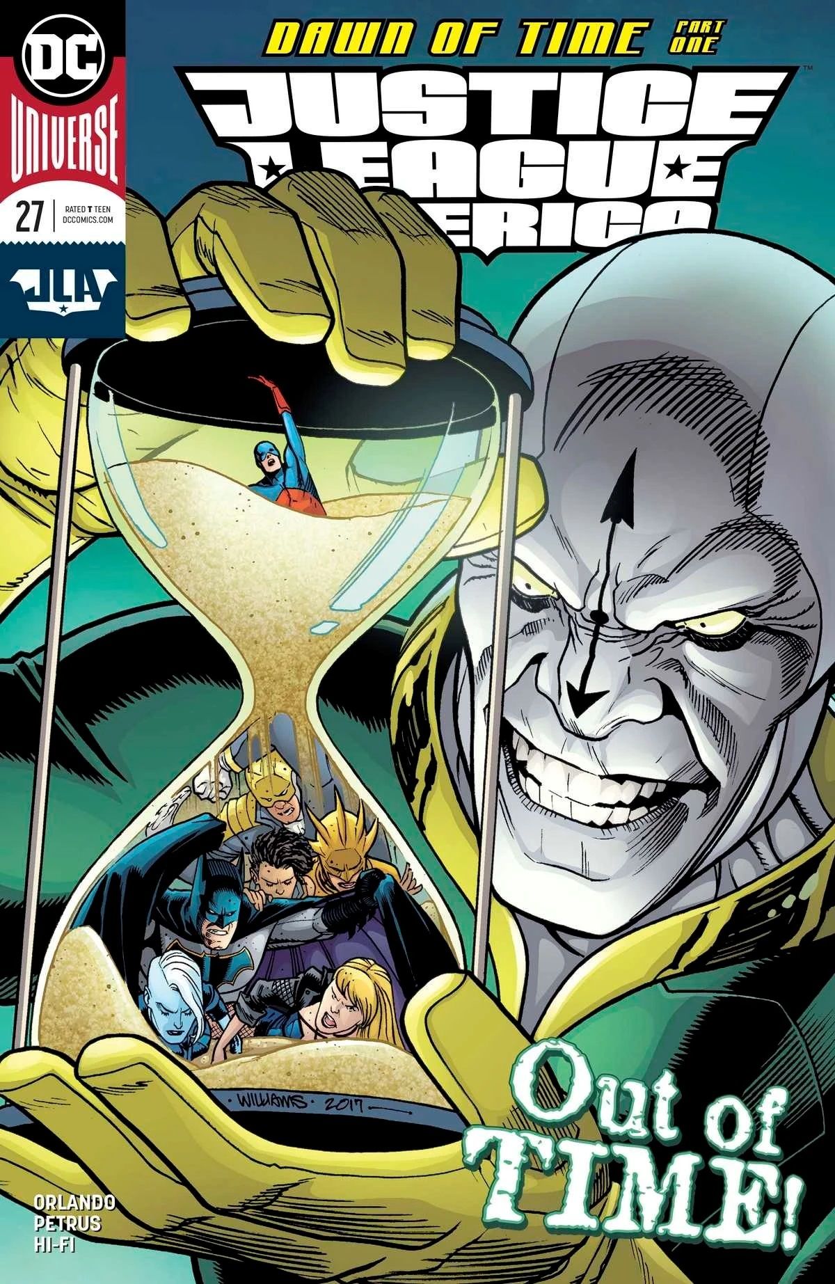 Chronos holding the Justice League in an hourglass with Atom at the top.