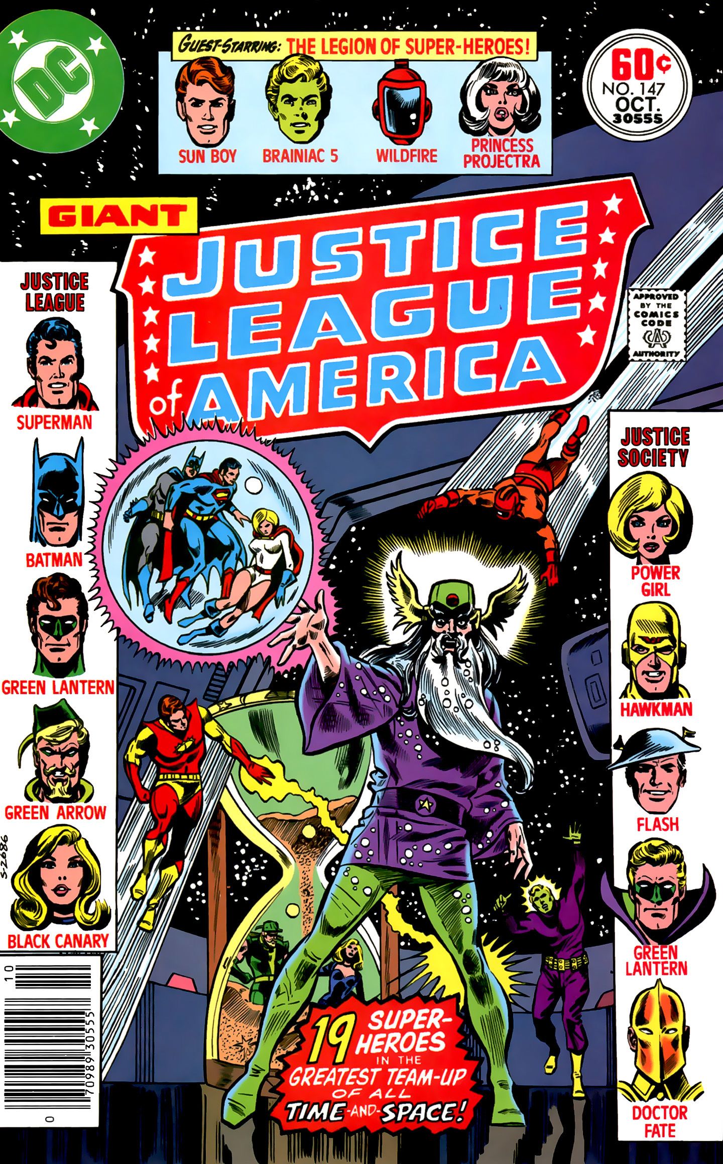 Justice League of America vol 1 #147 cover showing Mordru holding the JLA and JSA in a bubble while the Legion of Super-Heroes fight him