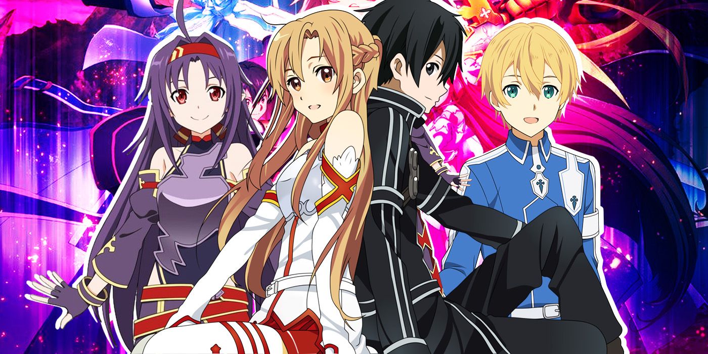Konno Yuuki, Asuna, Kirito and Eugeo from the Sword Art Online anime smiling.