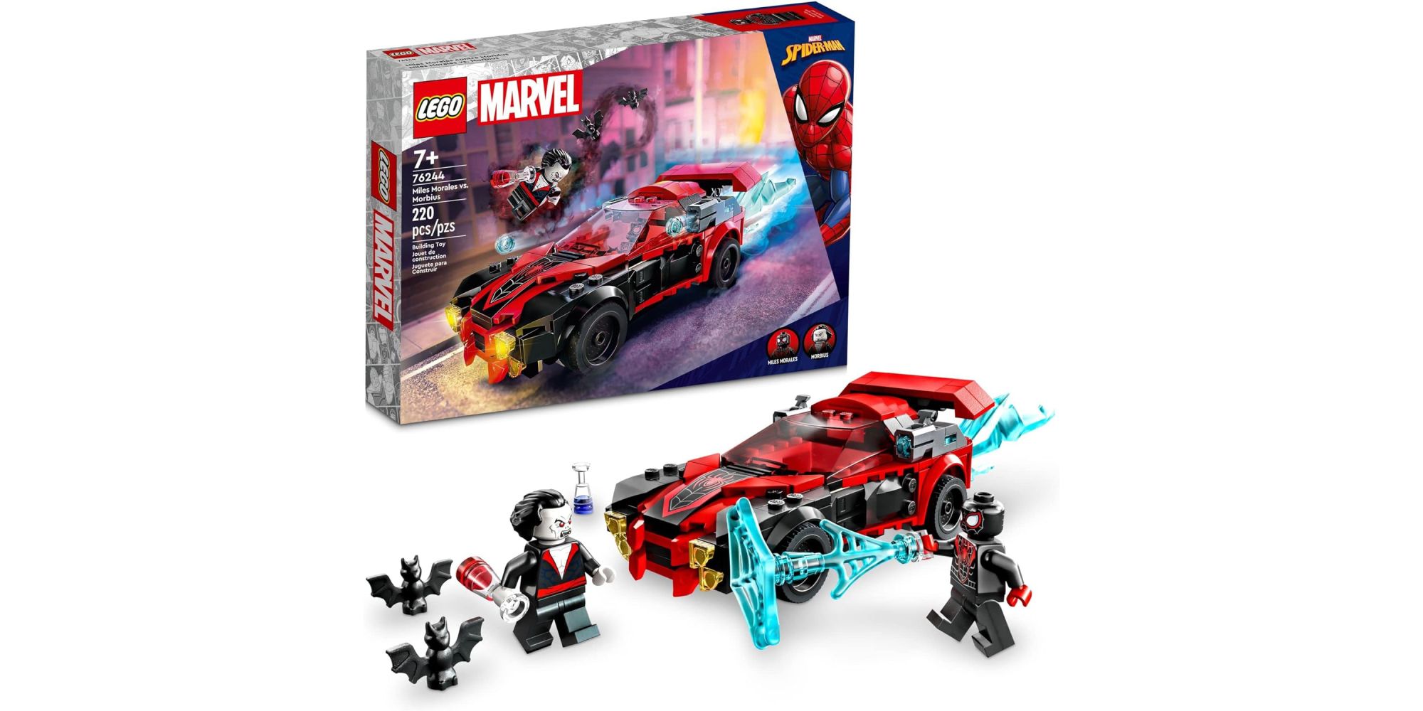 LEGO Marvel Spider-Man Miles Morales vs. Morbius with Spider-Man shooting a web in front of a LEGO car