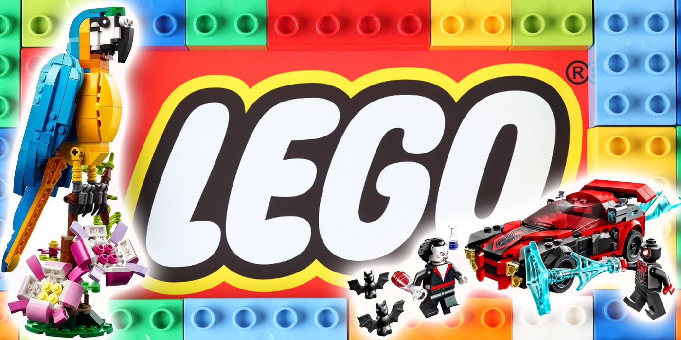 Lego Parrot and Lego Spiderman Set imposed over the Lego logo