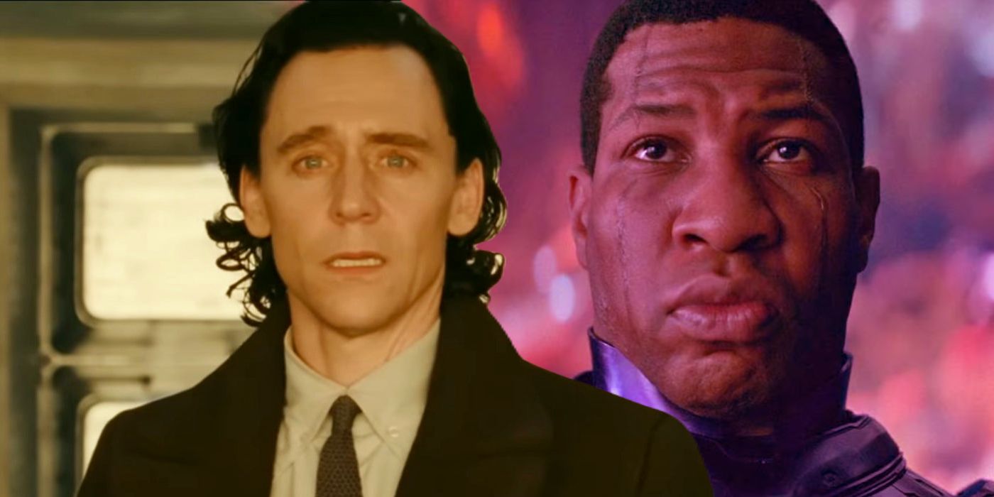 Split: Loki (Tom Hiddleston) looking shocked; Kang the Conqueror (Jonathan Majors) looking at his city in Ant-Man and the Wasp: Quantumania