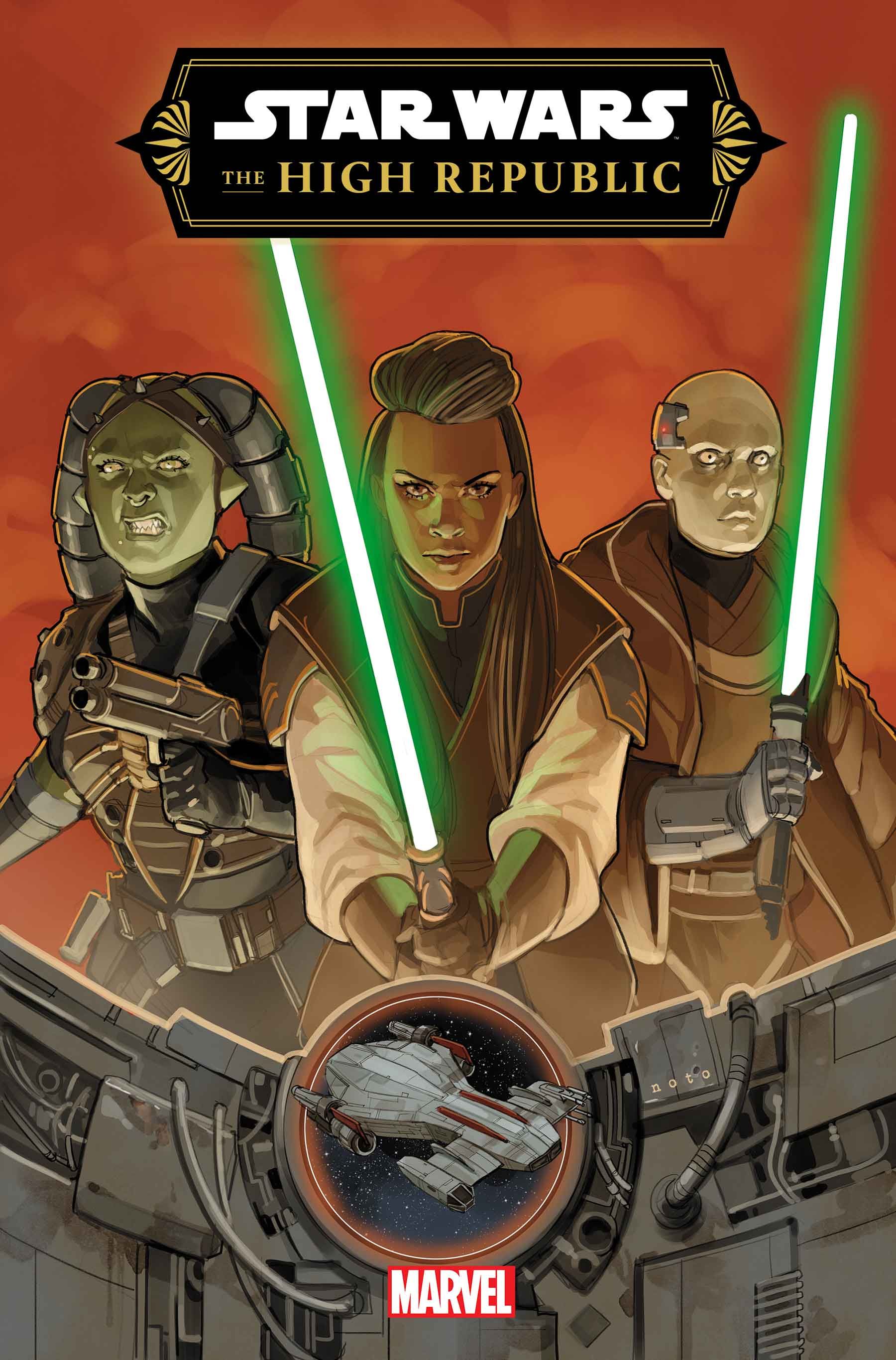 Lourna Dee with her blaster and Keeve Trennis and Terec with their lightsabers raised on Phil Noto's cover of Star Wars The High Republic 2023 1