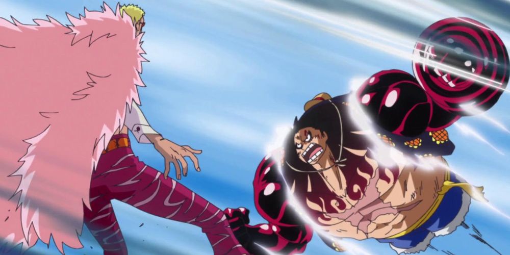 Luffy activates Gear 4 against Doflamingo in One Piece