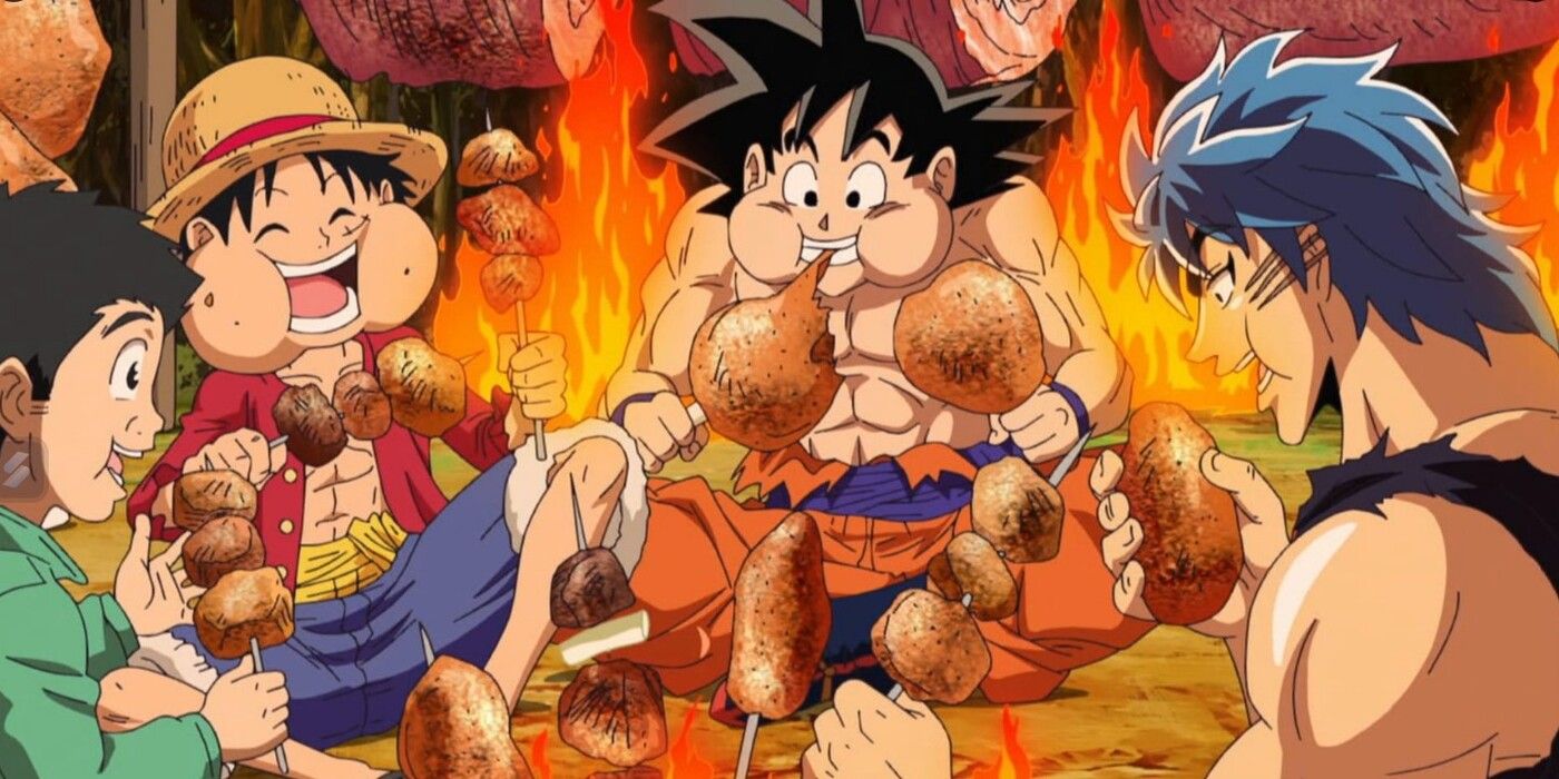 Luffy Goku and Toriko devour a delicious meal