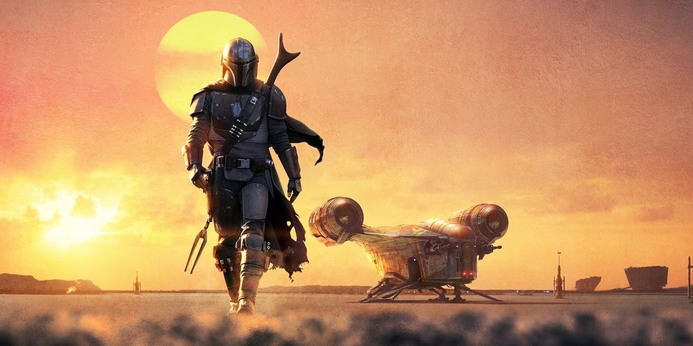 The Mandalorian walks towards the viewer sihouetted by the sun, with the Razor Crest in the background