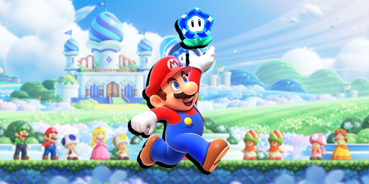 Mario grabbing Wonder Flower in front of Super Mario Bros Wonder background