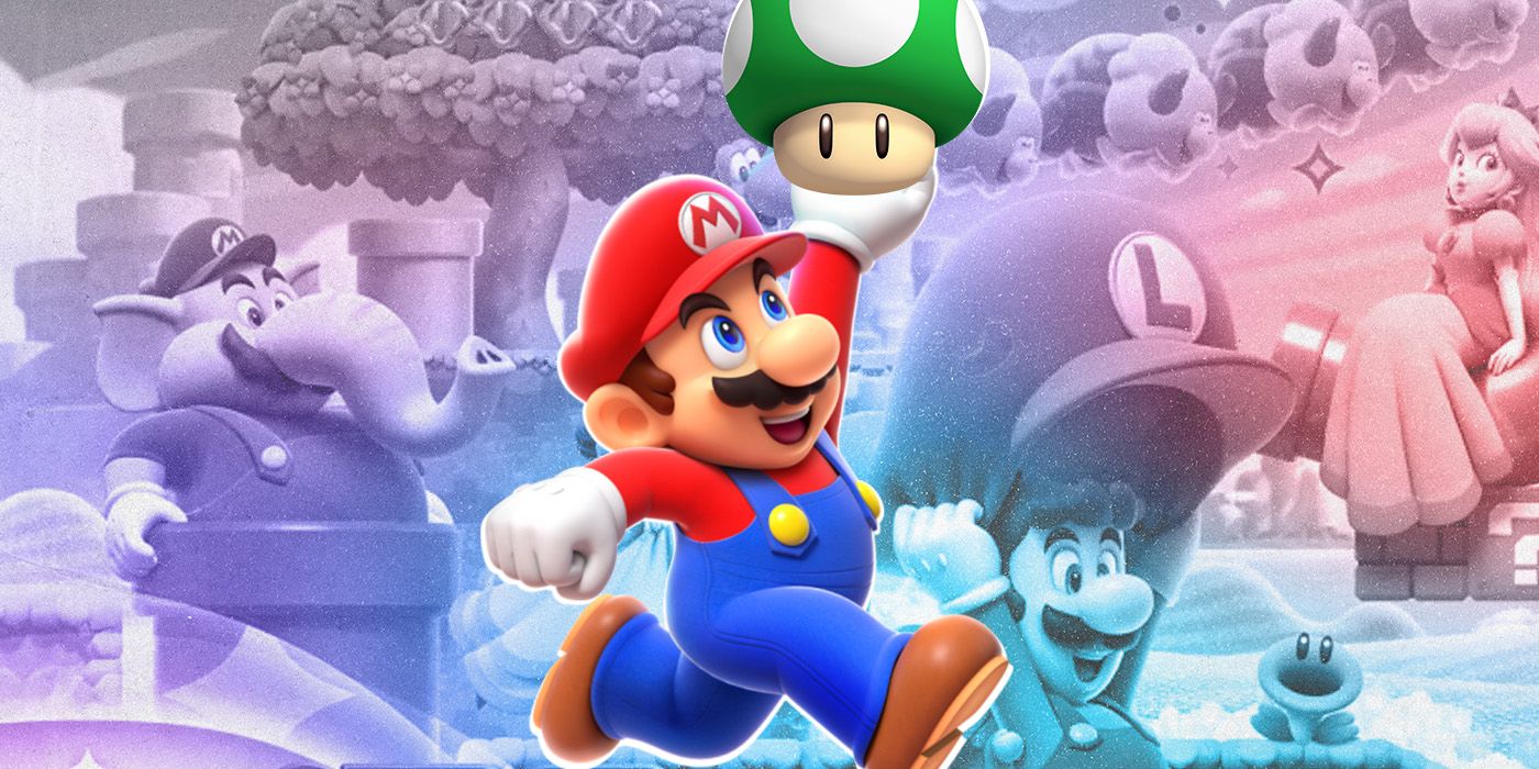 Mario holding 1up shroom from super mario wonder