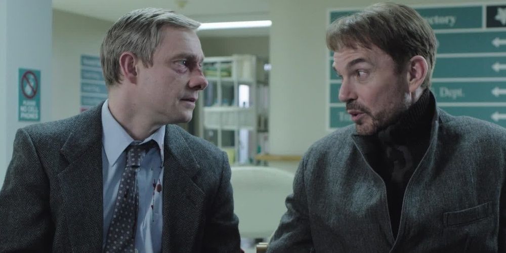 Actors Martin Freeman and Billy Bob Thornton in Fargo