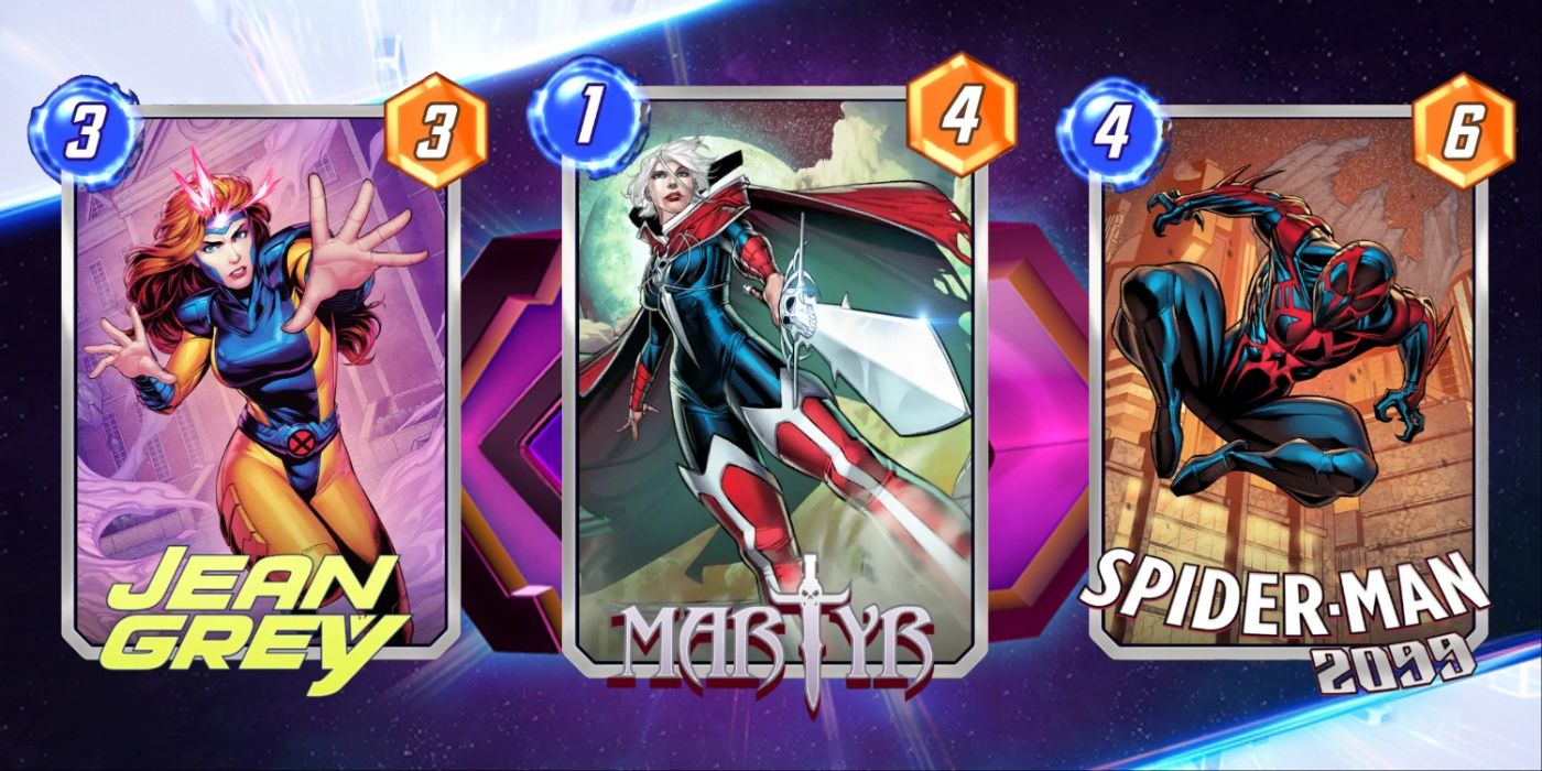 Marvel Snap Spotlight Cache Cards, including Martyr, Jean Grey, and Spider-Man 2099