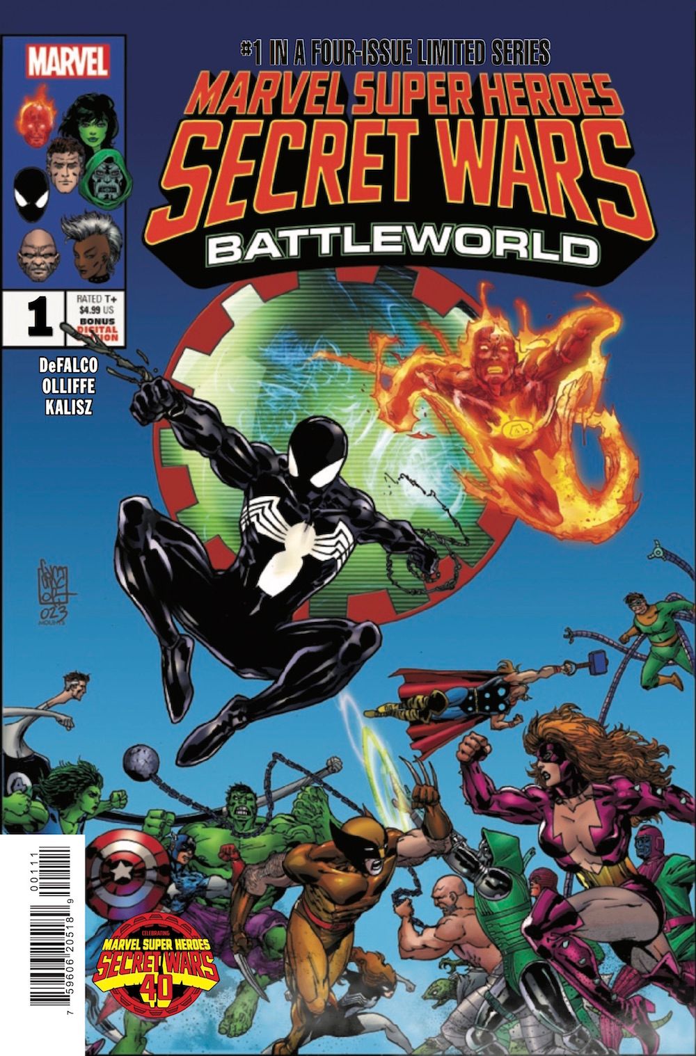 Excerpt from the cover of Marvel Heroes Secret War Battleworld #1, Spider-Man in his black costume and the Human Torch flying side by side overhead the ensuing battle royale of Marvel heroes and villains.