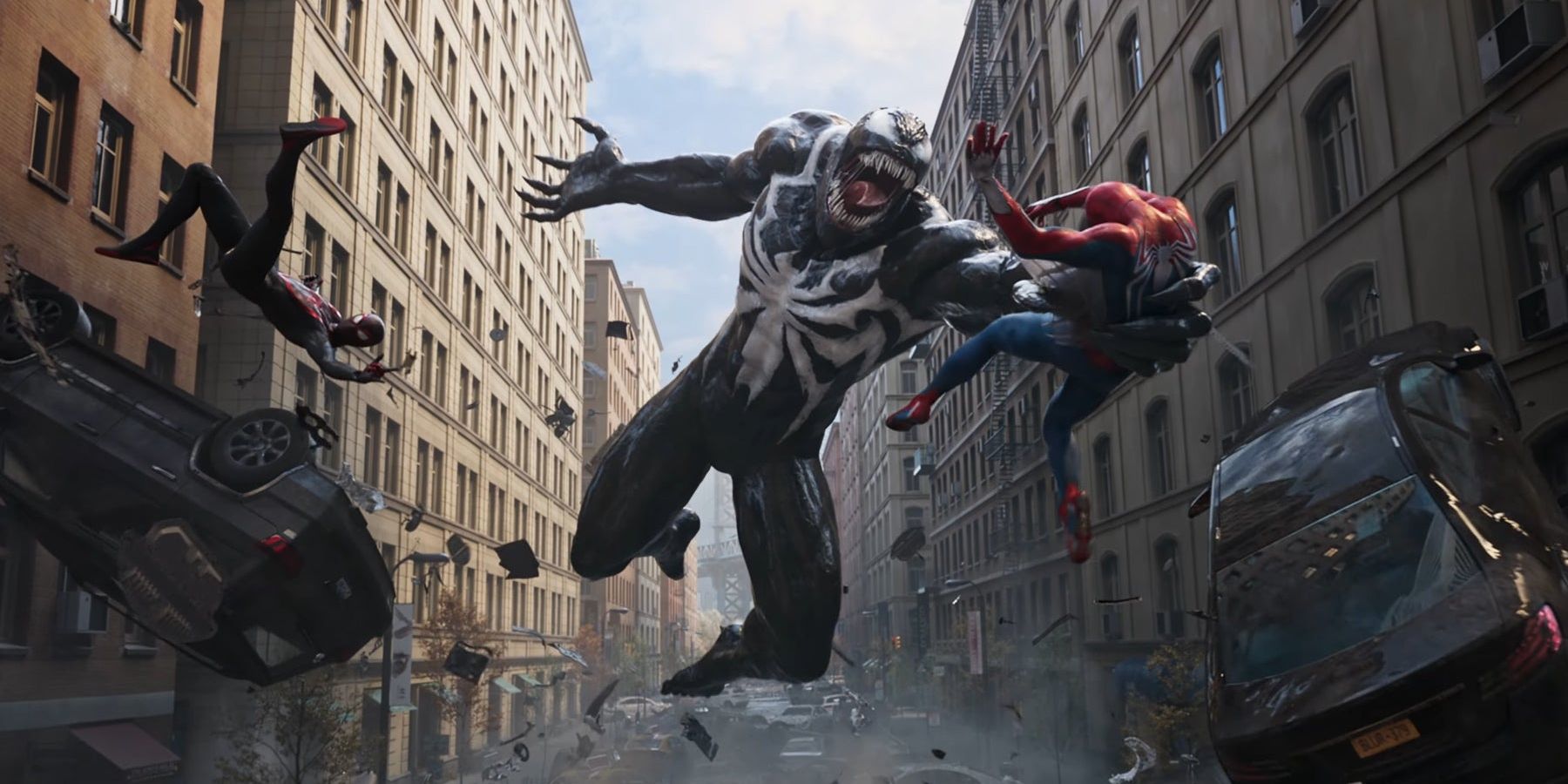 Venom lutando contra os Homens-Aranha em Marvel's Spider-Man 2 para PS5. 