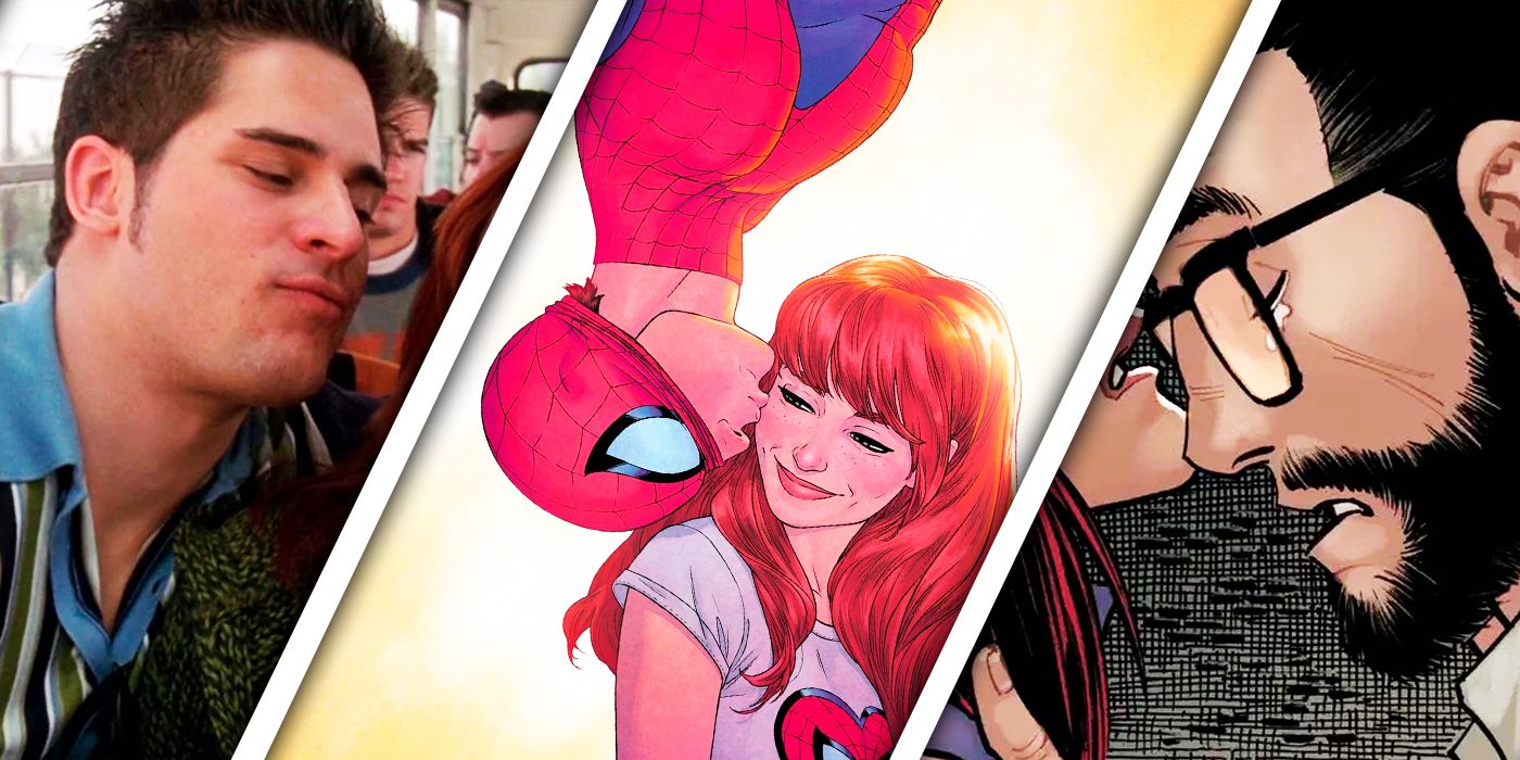 A split image of live-action John Jameson, Spider-Man and MJ, and Paul Rabin in Marvel Comics