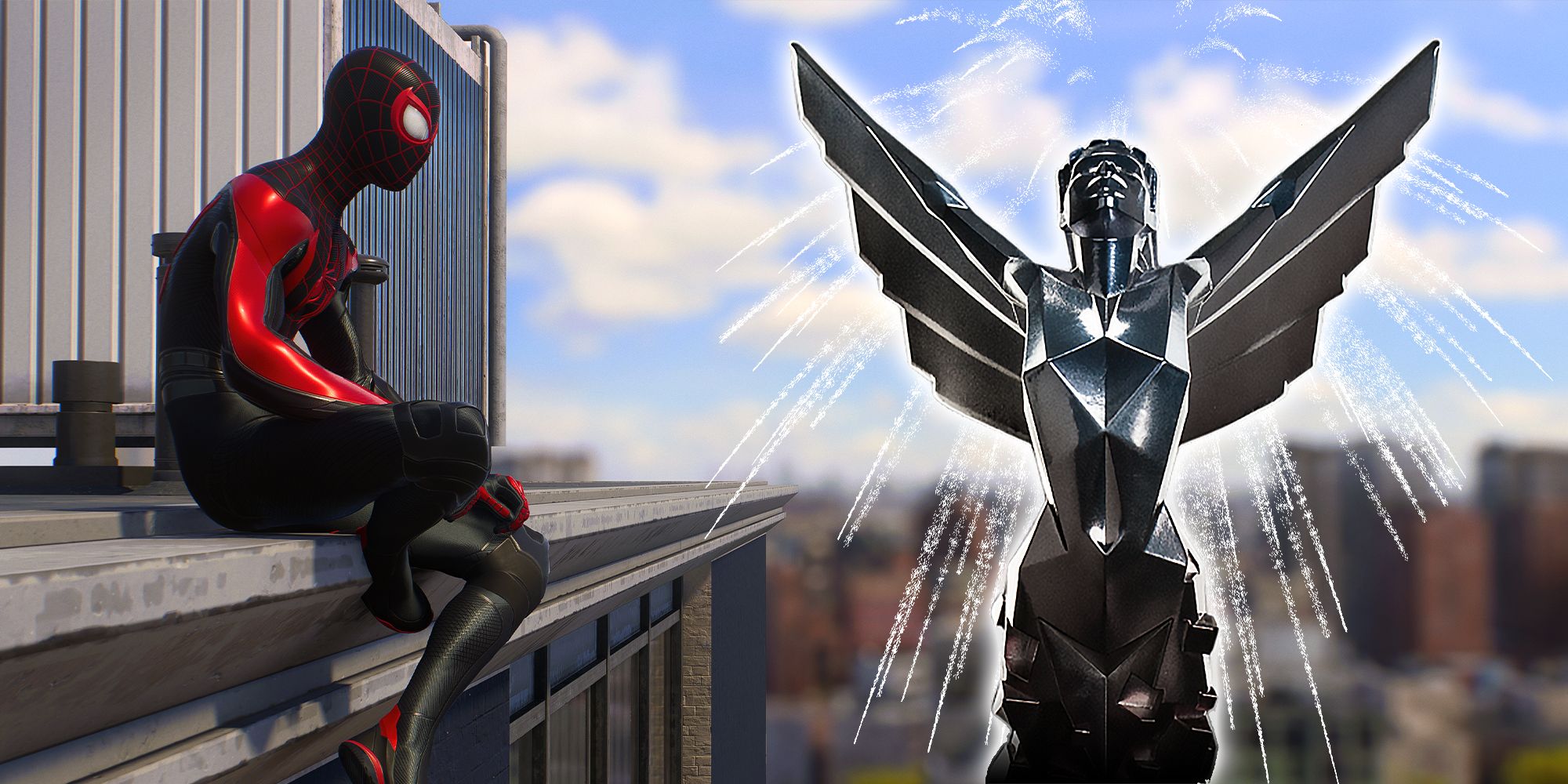 Miles Morales sitting on a rooftop with Game of the Year award on the side