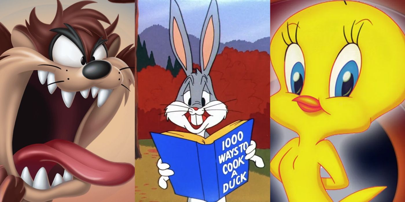 Tax looks hungry, Bugs Bunny reads a book about cooking ducks, and Tweety Pie stands in front of the iconic Looney Tunes titles in Looney Tunes.