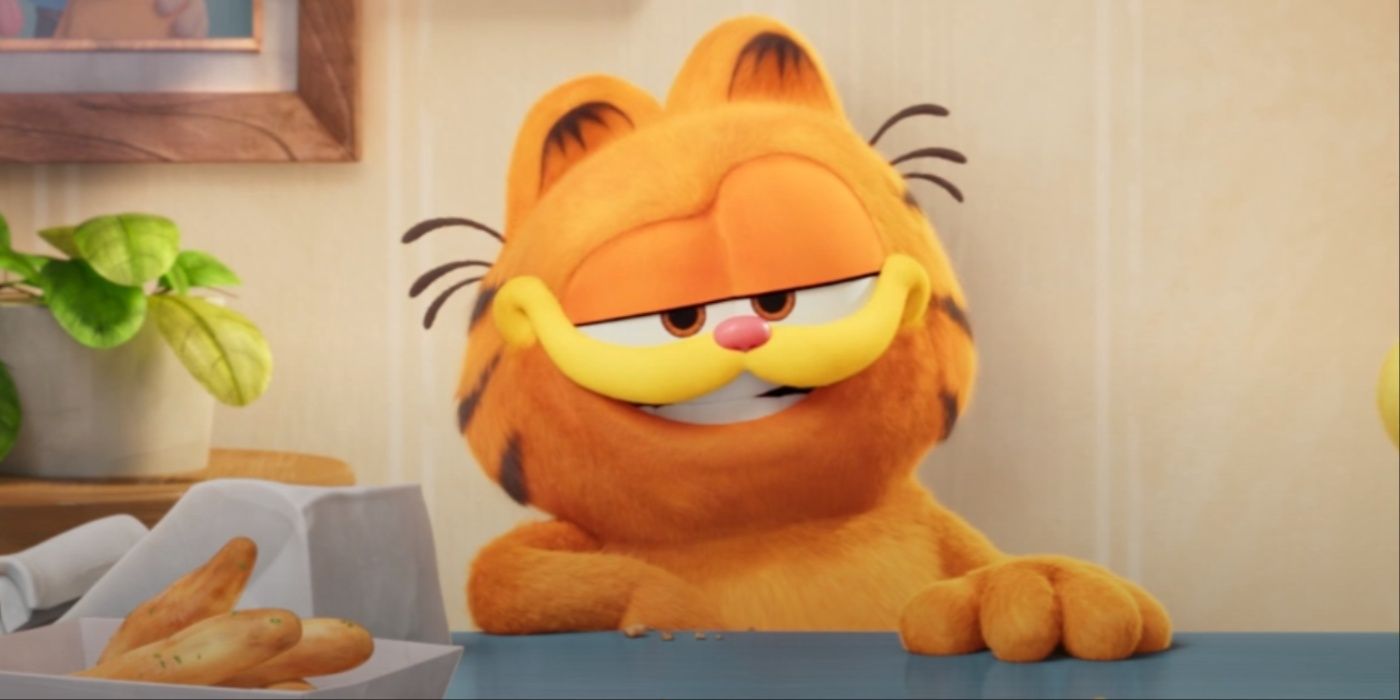 Chris Pratt playing a grinning Garfield in The Garfield Movie