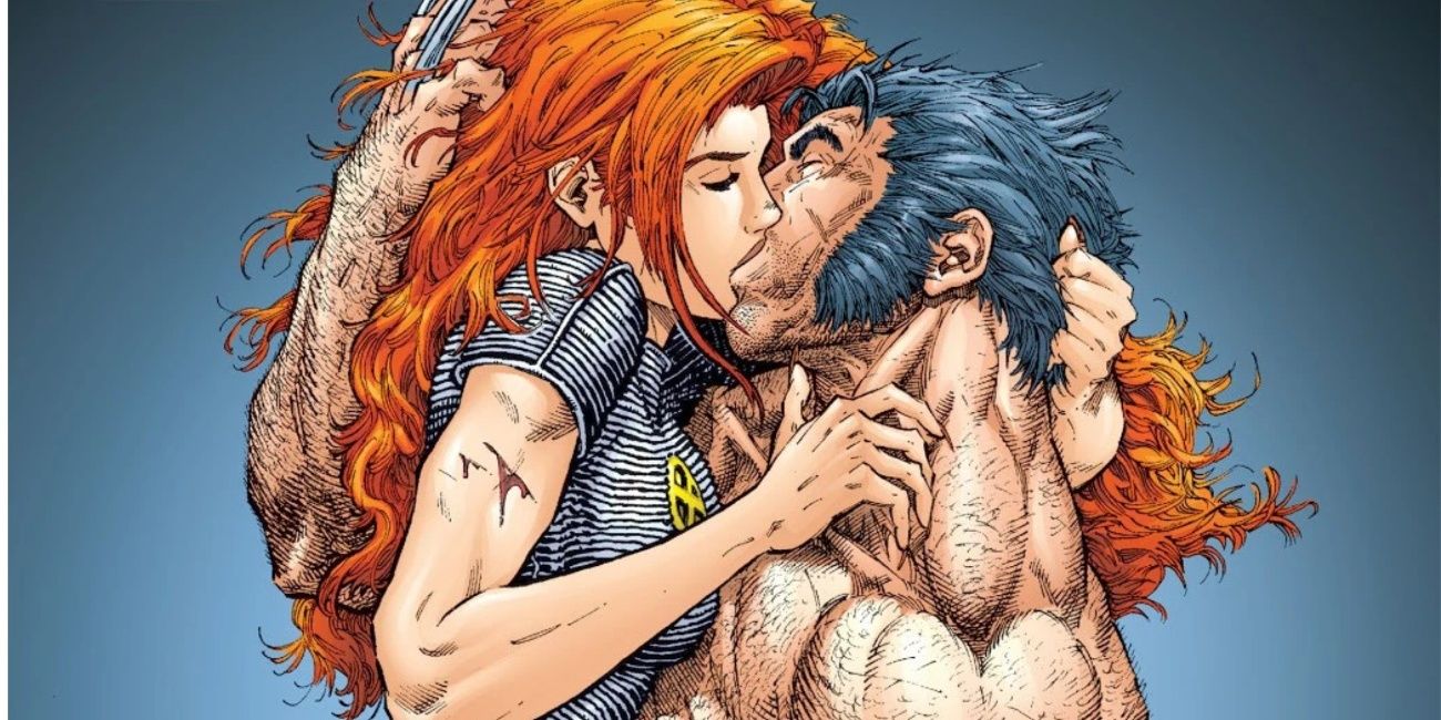 Wolverine and Jean Grey passionately kissing