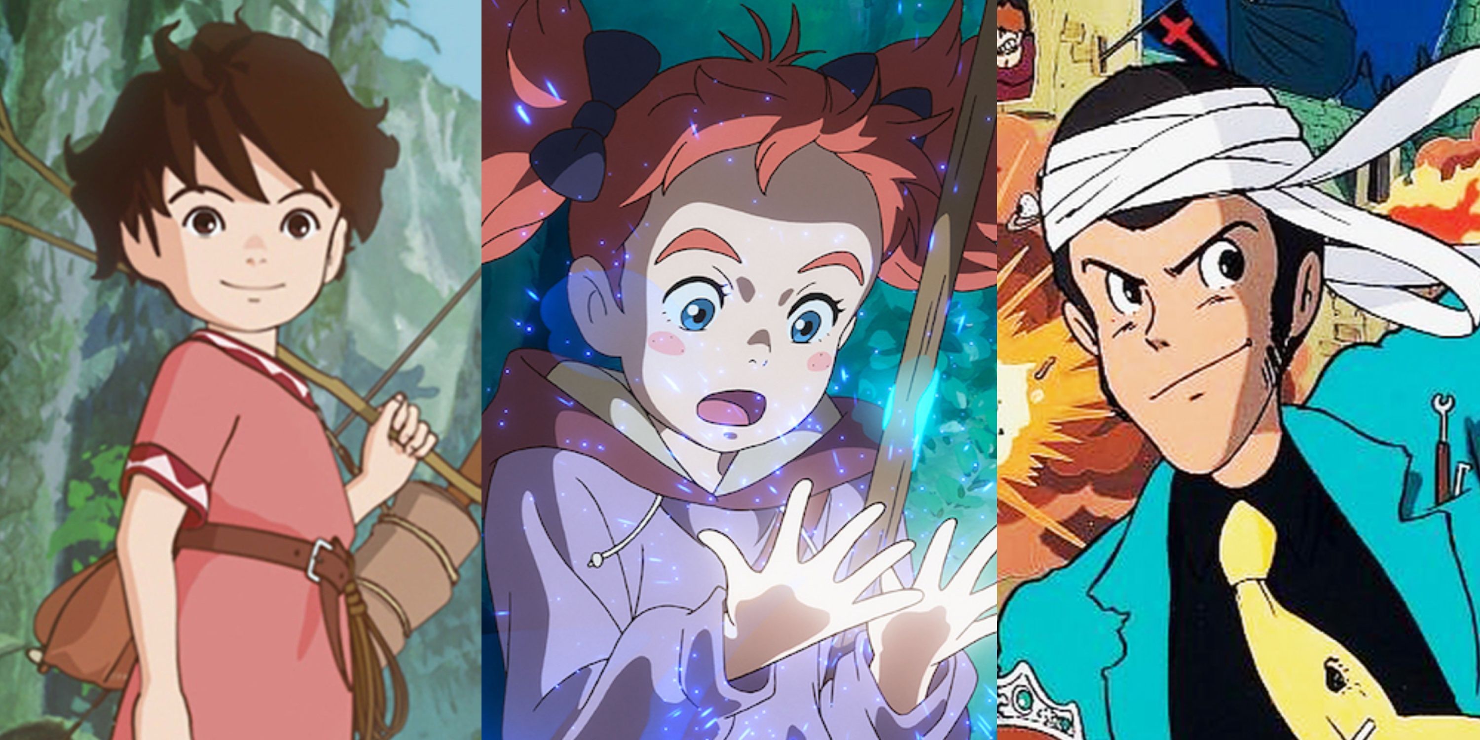 Split image of the main characters from Ronja, The Robber's Daughter, Mary and the Witch's Flower, Lupin III