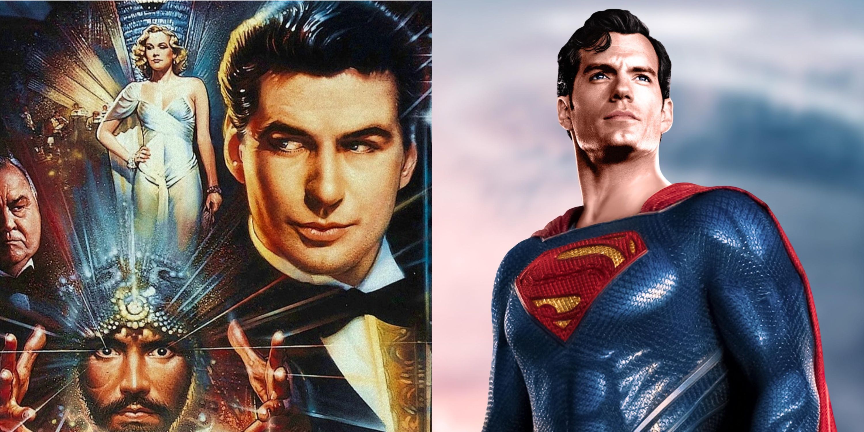 Split image of The Shadow and Henry Cavill as Superman.