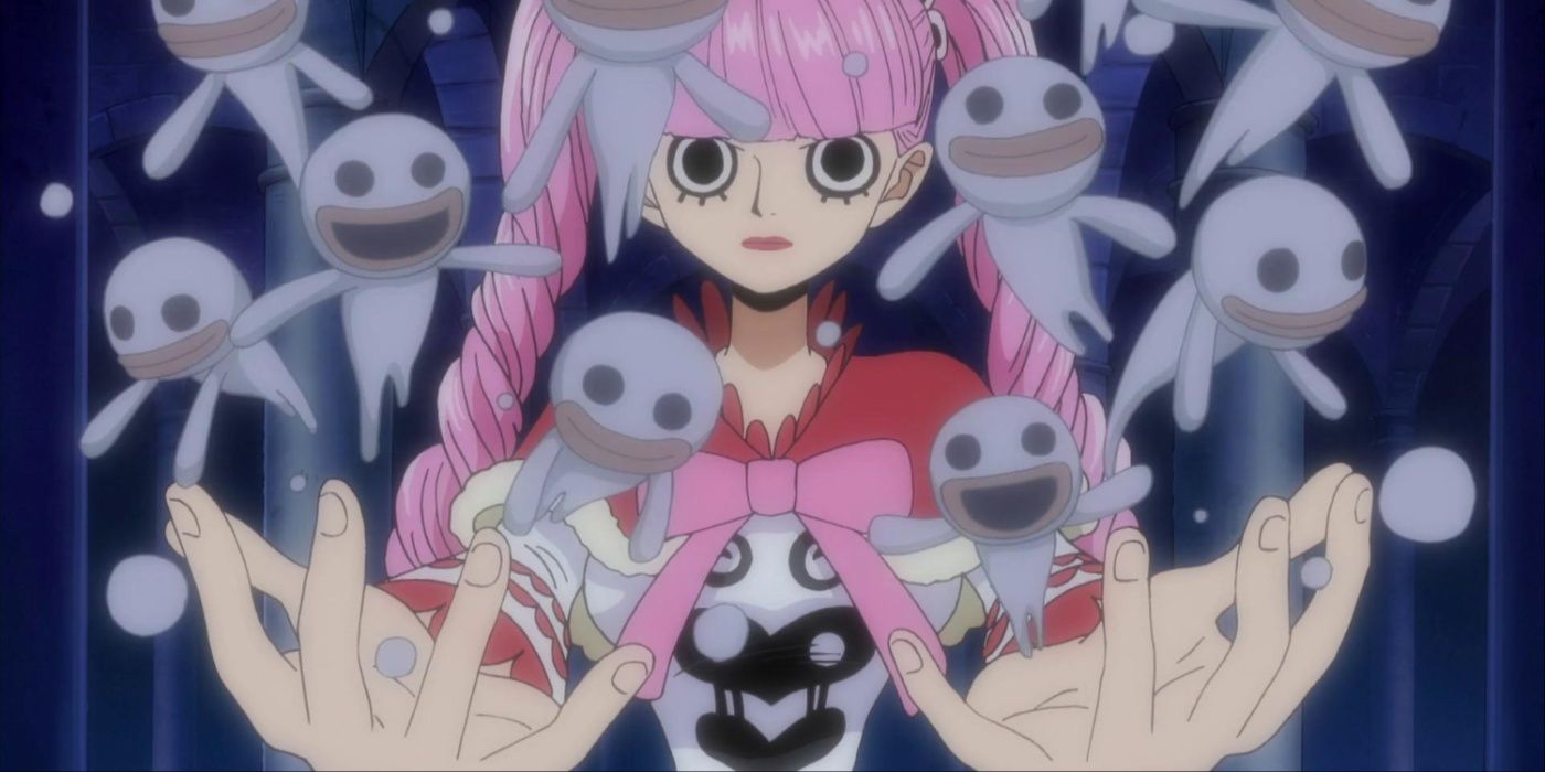 Perona summons ghosts with her Devil Fruit to attack Usopp during One Piece's Thriller Bark Arc.