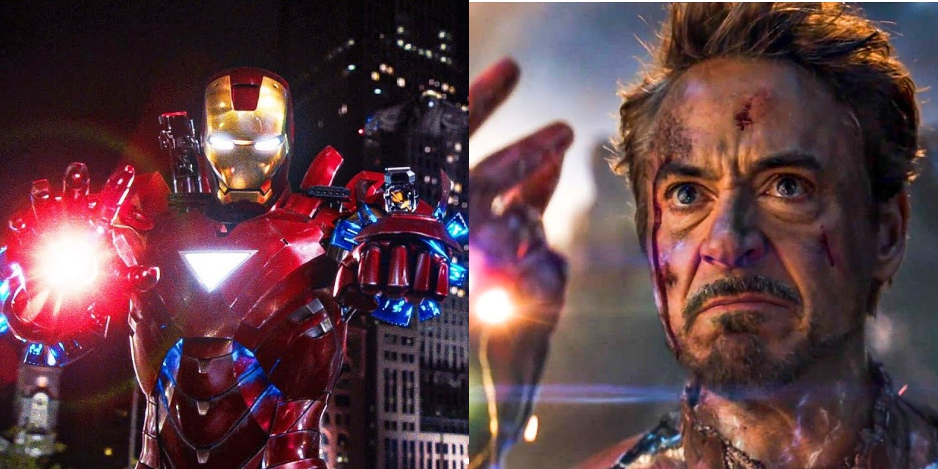 Split image of Iron Man casting Loki down, and making the Final snap in Avengers movies.