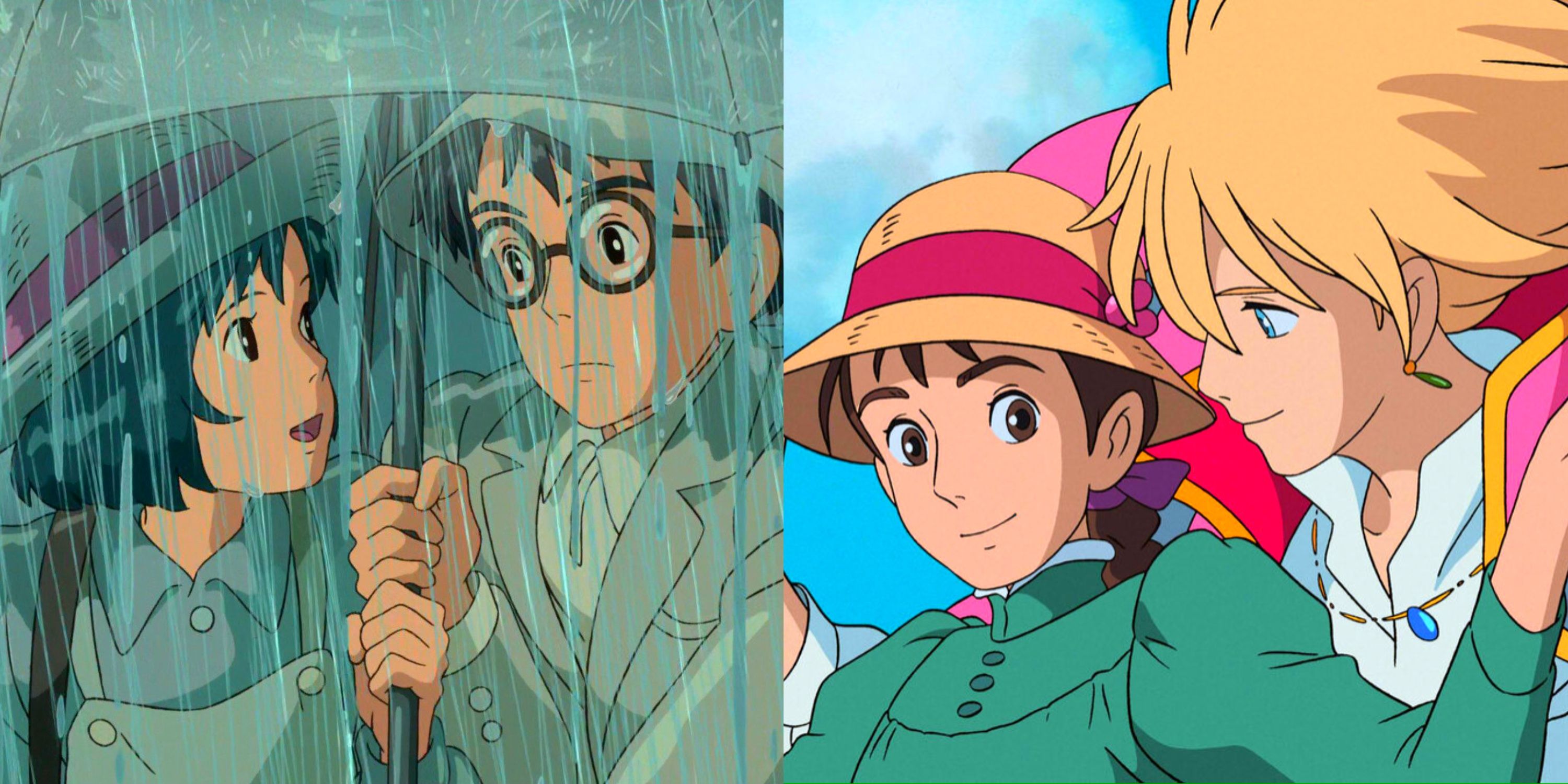 Split image of Jro and Naoko in the rain in The Wind Rises, and Howl and Sophie in Howl's Moving Castle