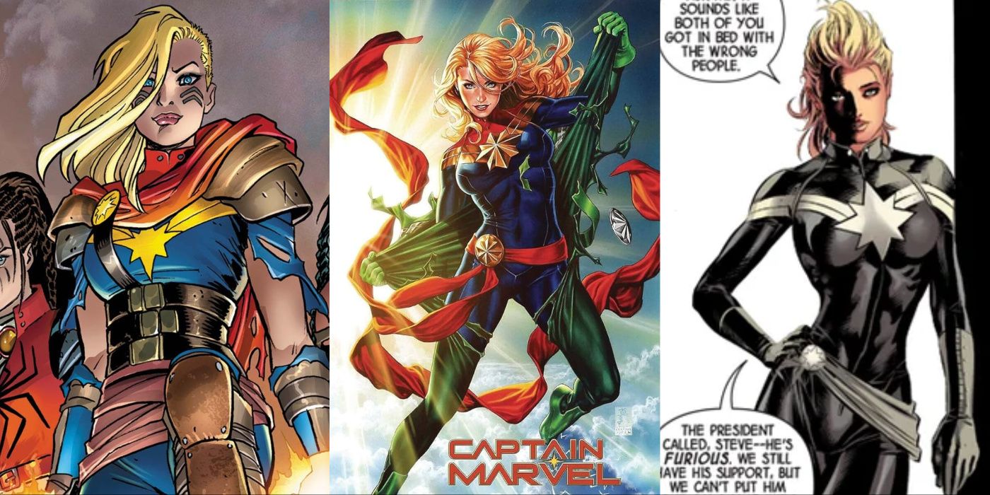 A split image of Carol Danvers in three different costumes