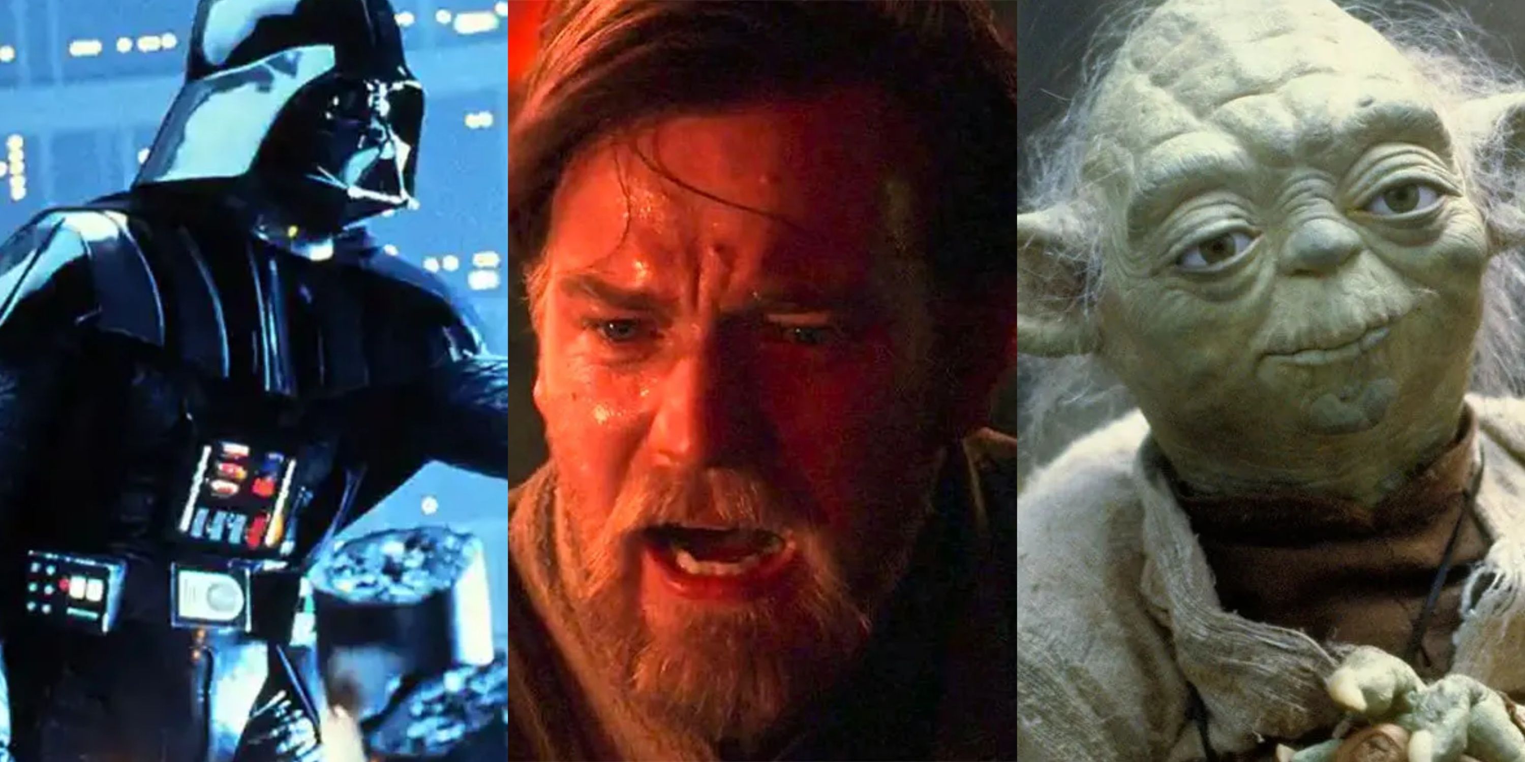 Split image Darth Vader, Obi-Wan Kenobi Revenge of the Sith, Yoda Empire Strikes Back