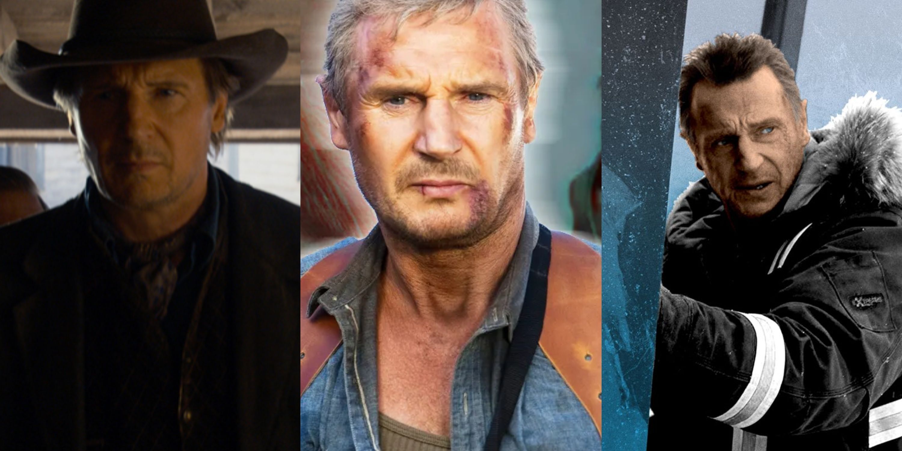 Split image Liam Neeson in A Million Ways To Die in the West, The A-Team and Cold Pursuit