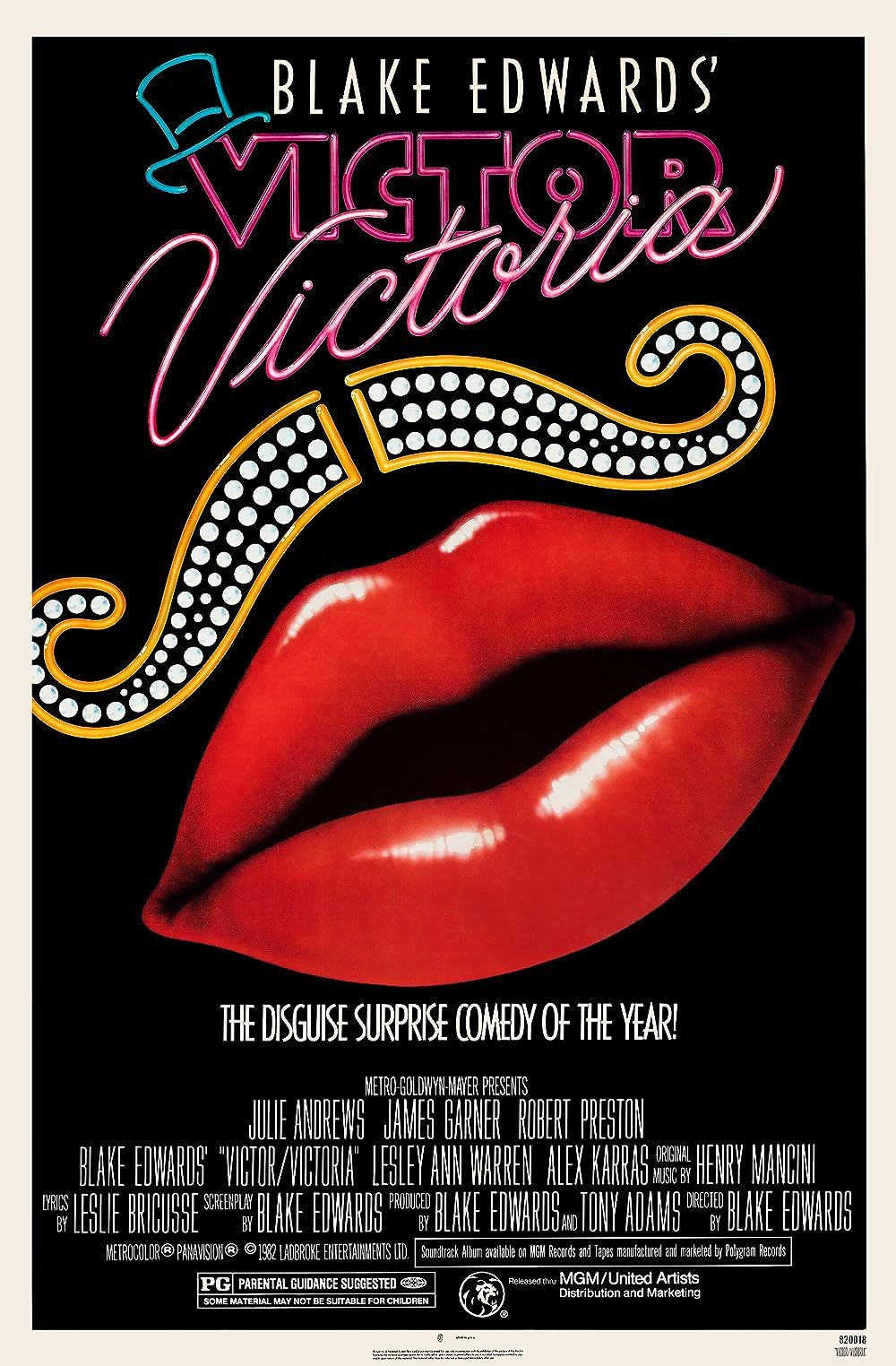 Movie poster for Victor Victoria with giant lips and a rhinestone mustache