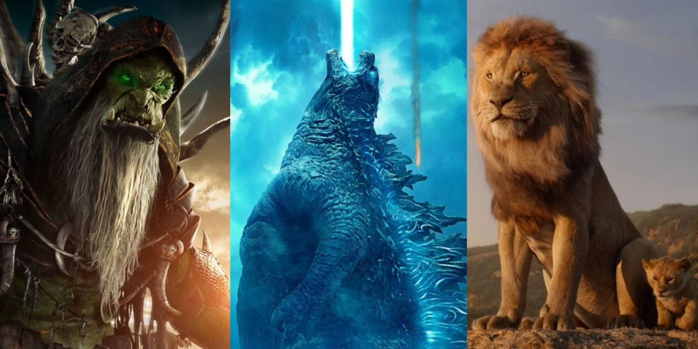 A split image of Gul'dan in Warcraft, an atomic Godzilla in Godzilla: King of the Monsters, and Mufasa and young Simba in 2019's The Lion King