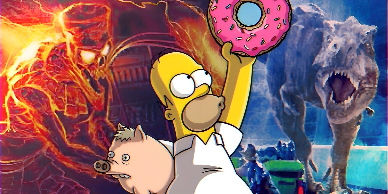 The Mummy ride poster and Jurassic Park T-Rex with Homer Simpson holding a donut and Spider Pig.