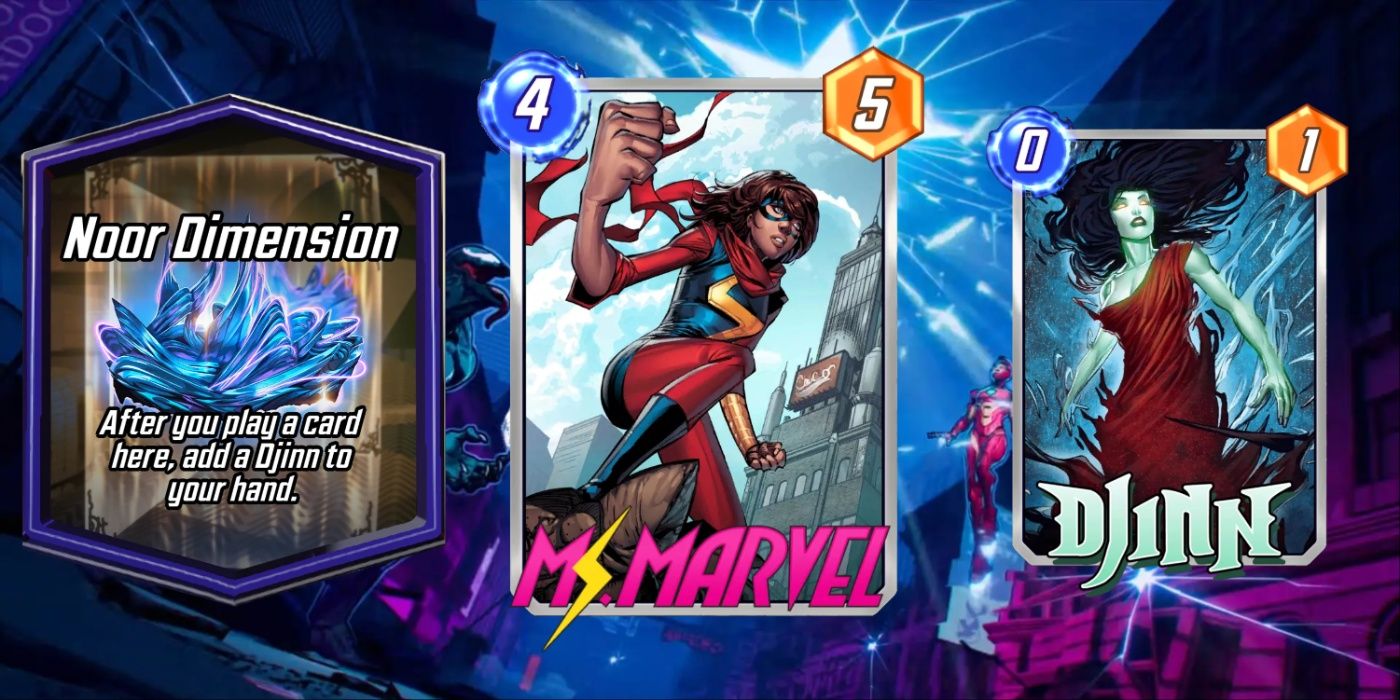 A collage of Marvel Snap location Noor Dimension as well as new cards Ms. Marvel and Djinn