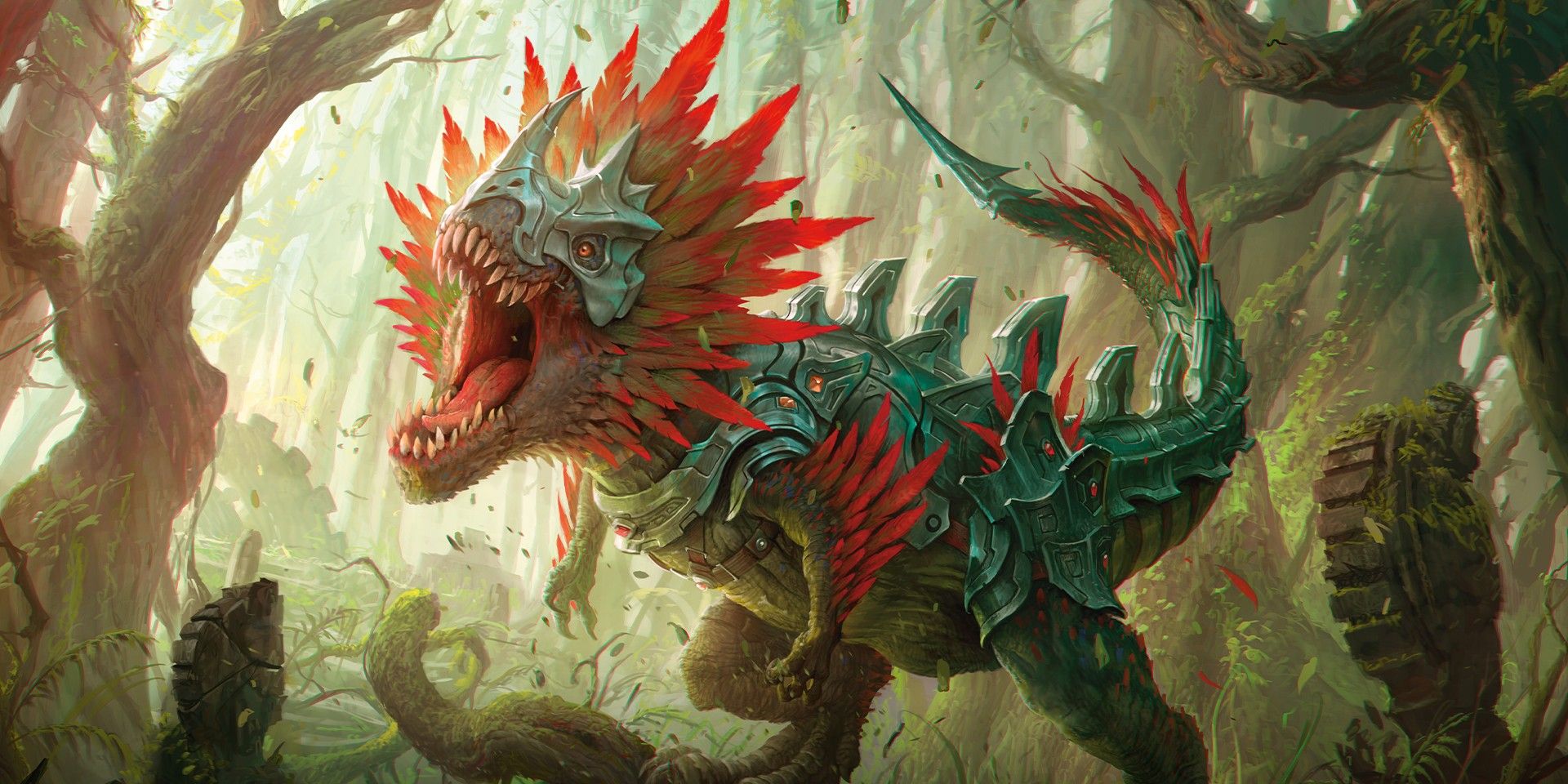 A dinosaur roaring in Magic: The Gathering's Ixalan