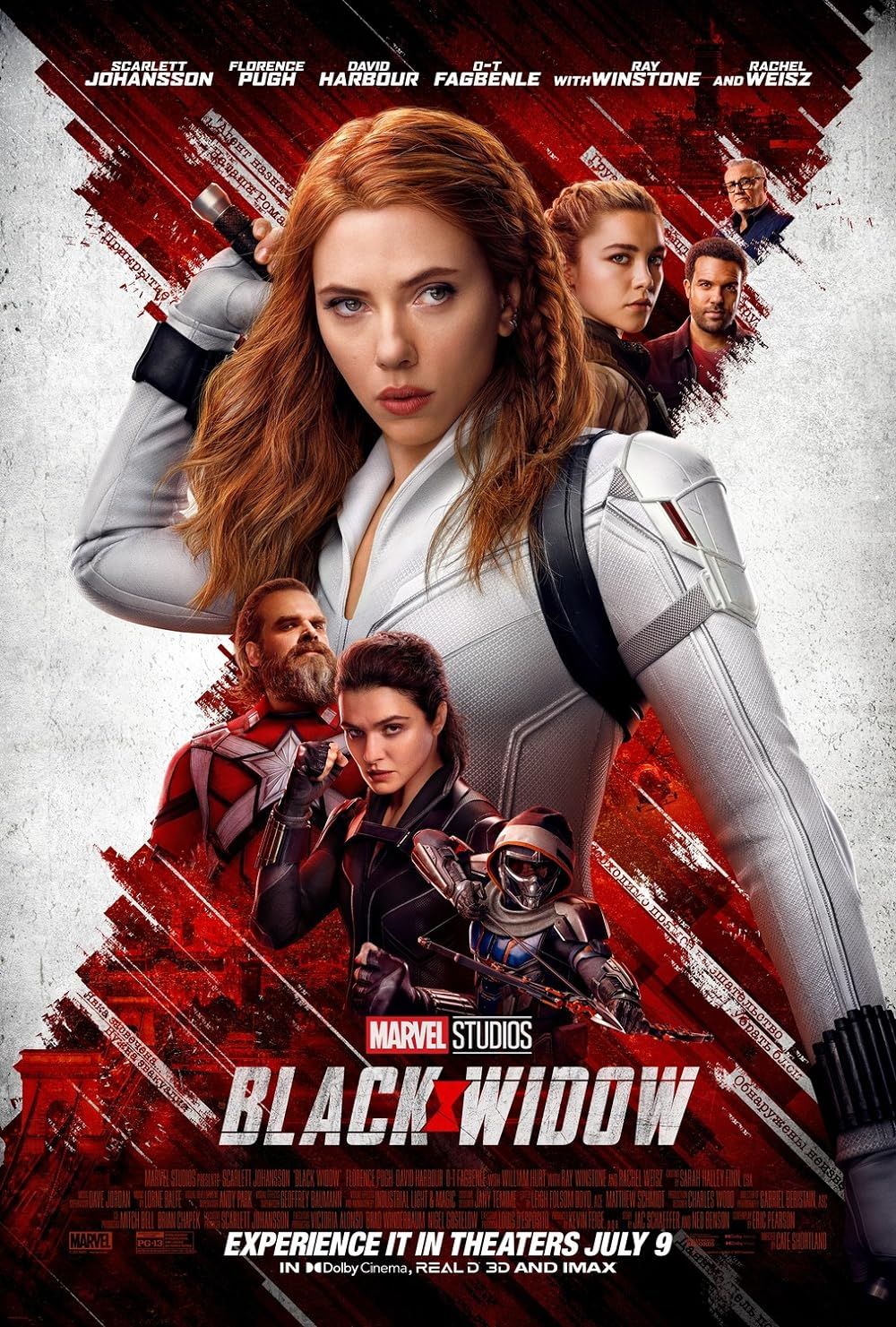 Natasha Romanoff and the cast on the poster for Black Widow