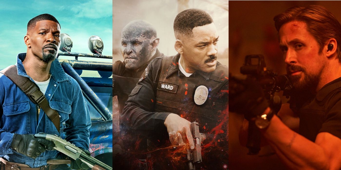 A split image of Jamie Foxx in Day Shift, Will Smith and Joel Edgerton in Bright, and Ryan Gosling in The Gray Man
