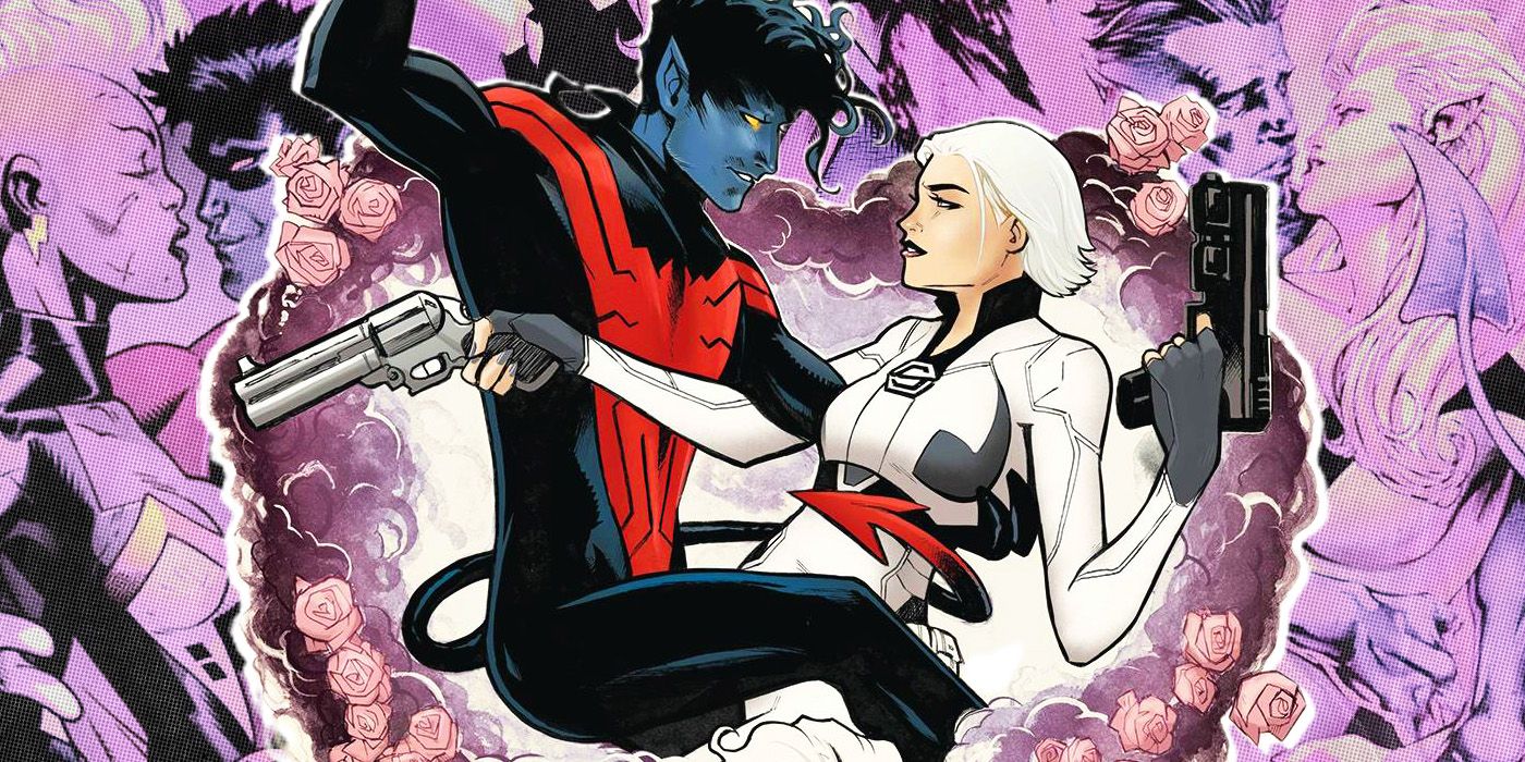 A collage of Nightcrawler flirting with Silver Sable in front of a background of Nightcrawler's love interests from Marvel Comics