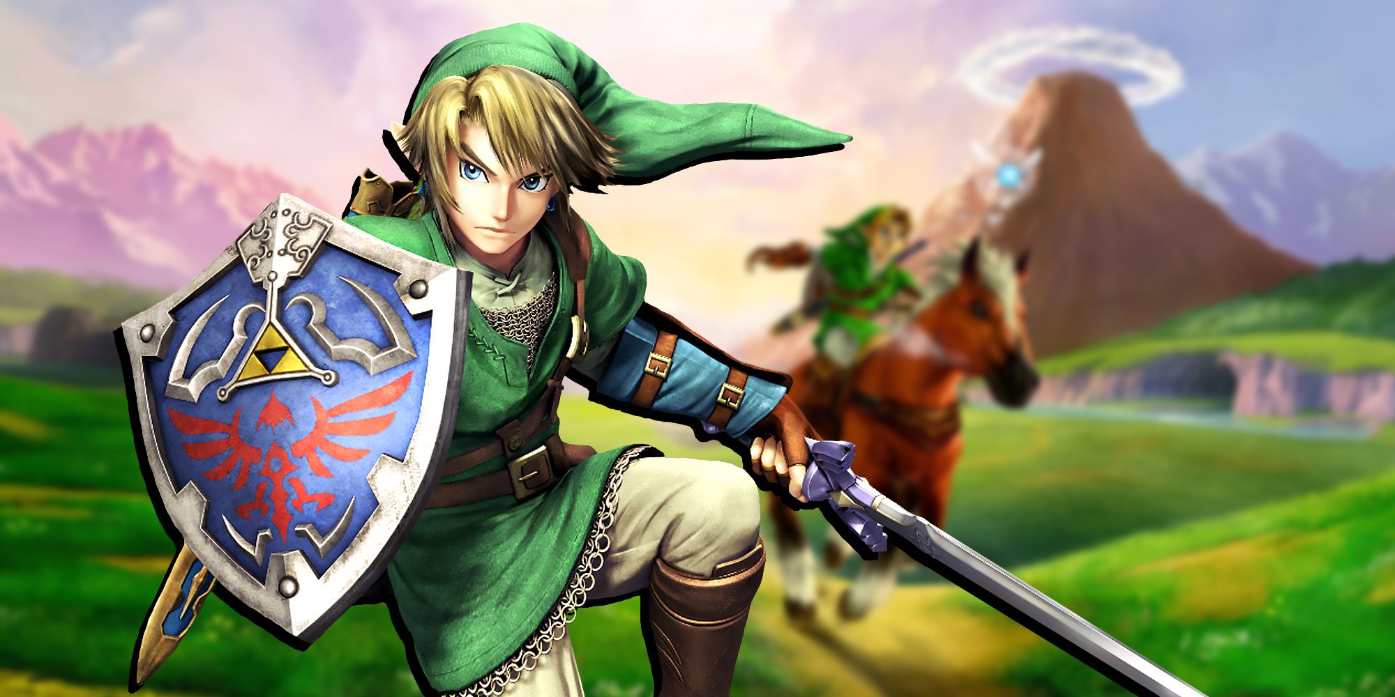 Ocarina of Time Link in front of Ocarina of Time background