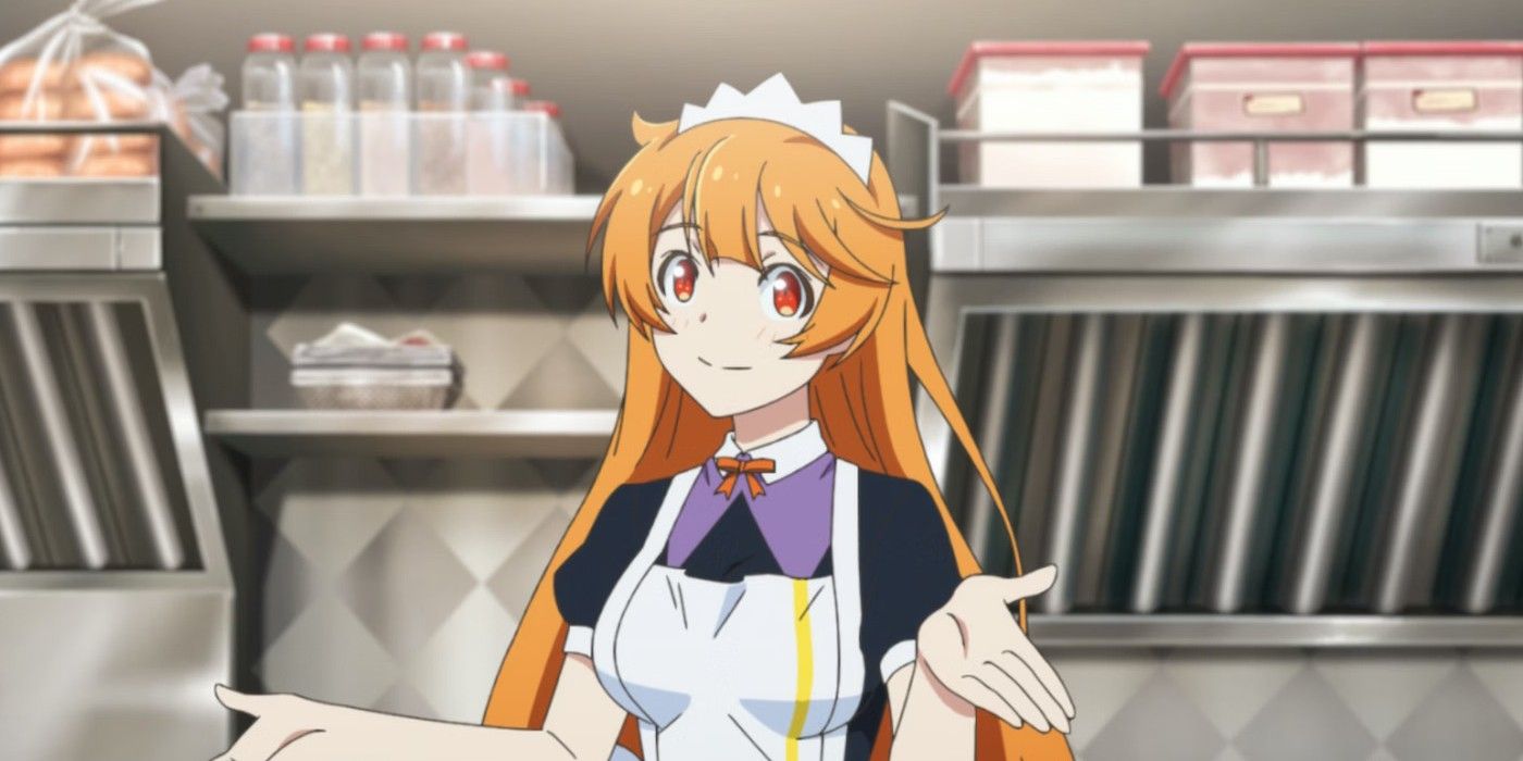 Haru from the anime series Okamoto Kitchen wearing a white apron