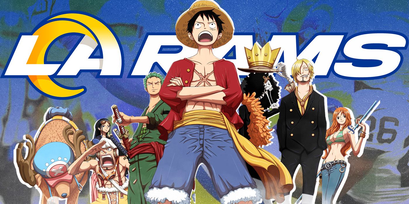 The main One Piece anime cast posing against LA Rams text for a football game collaboration.