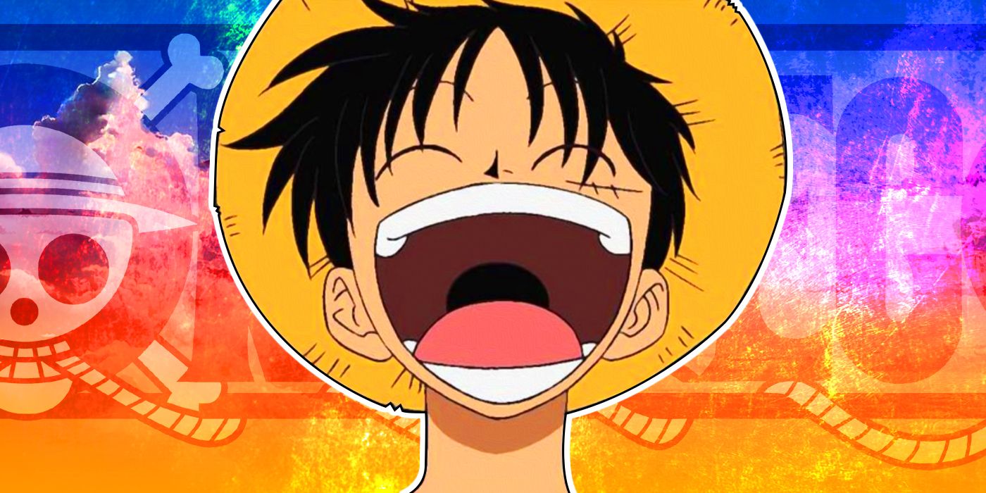 A close-up of Luffy laughing in the Toei anime version of One Piece